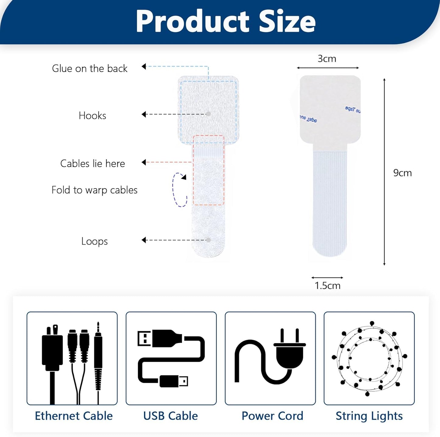 50 Abnii PCS Hook and Loop Cable Ties, Under Desk Cable Management, Self Adhesive Cable Clips Straps, Sticky-Back Cord