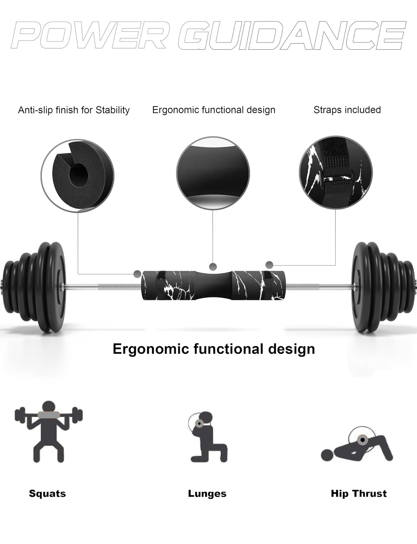 POWER GUIDANCE Barbell Squat Pad - Neck & Shoulder Protective Pad - Great for Squats, Lunges, Hip Thrusts, Weight Lifting & More - Fit Standard and Olympic Bars Perfectly,Black Marble