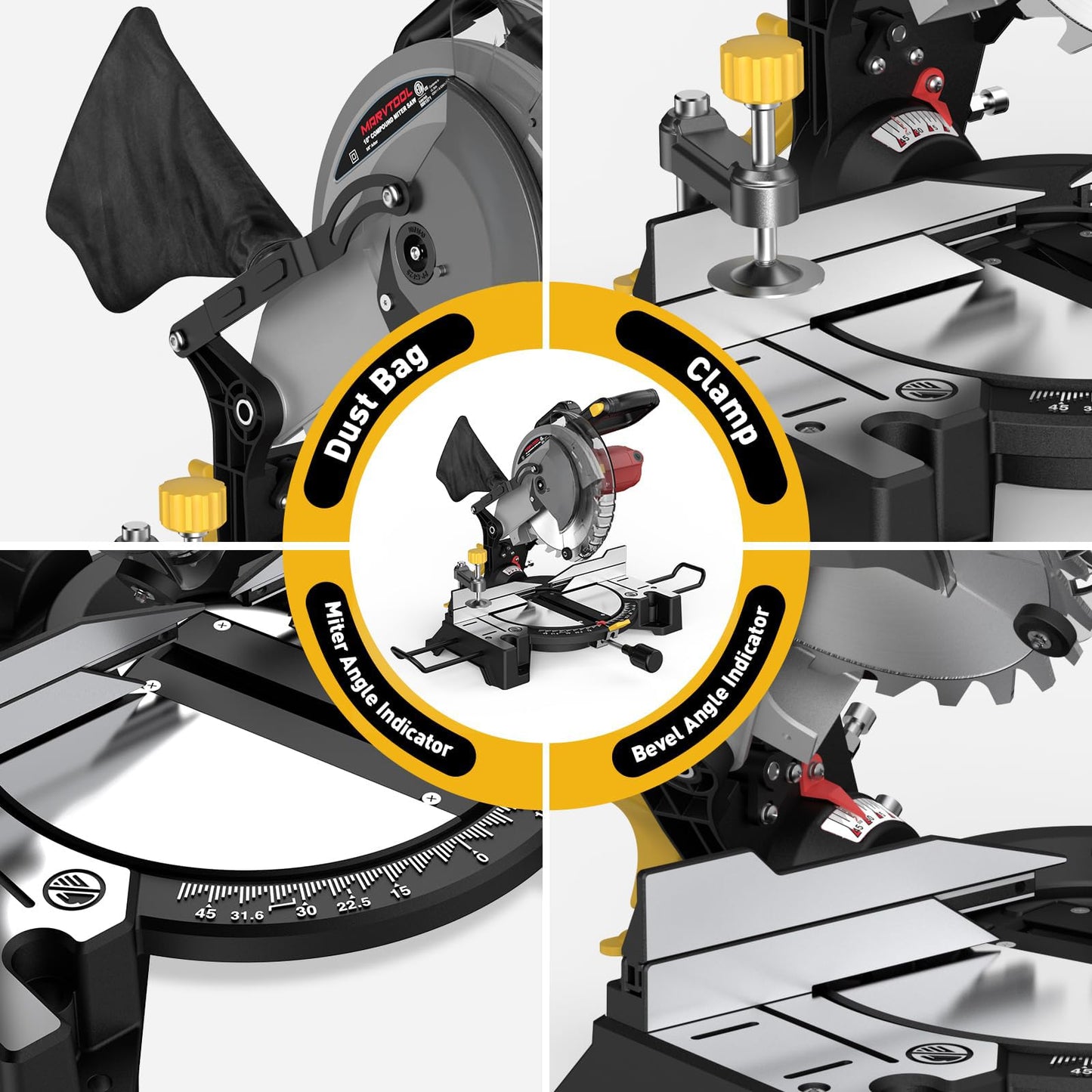 Marvtool 10-inch Compound Miter Saw, 5000RPM, 15 Amp, Single Bevel 0-45° with Extension Table, 36T Blade, Power Saw for Metal, Plastic, Wood, Laminates