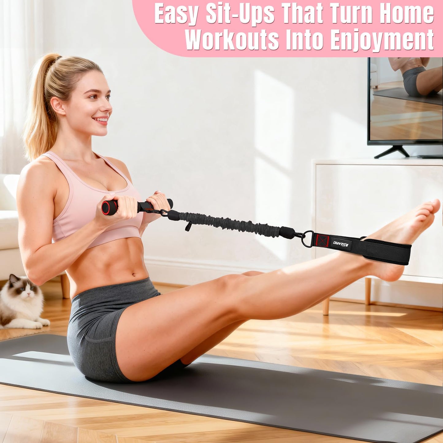 KUZARO Upgraded Multifunction Pedal Resistance Band with Handle, 3 Tube Adjustable Resistance Bands for Abdomen, Waist, Arm, Core/ABS, Leg Workout - Sit Up Exercise Equipment for Women Men