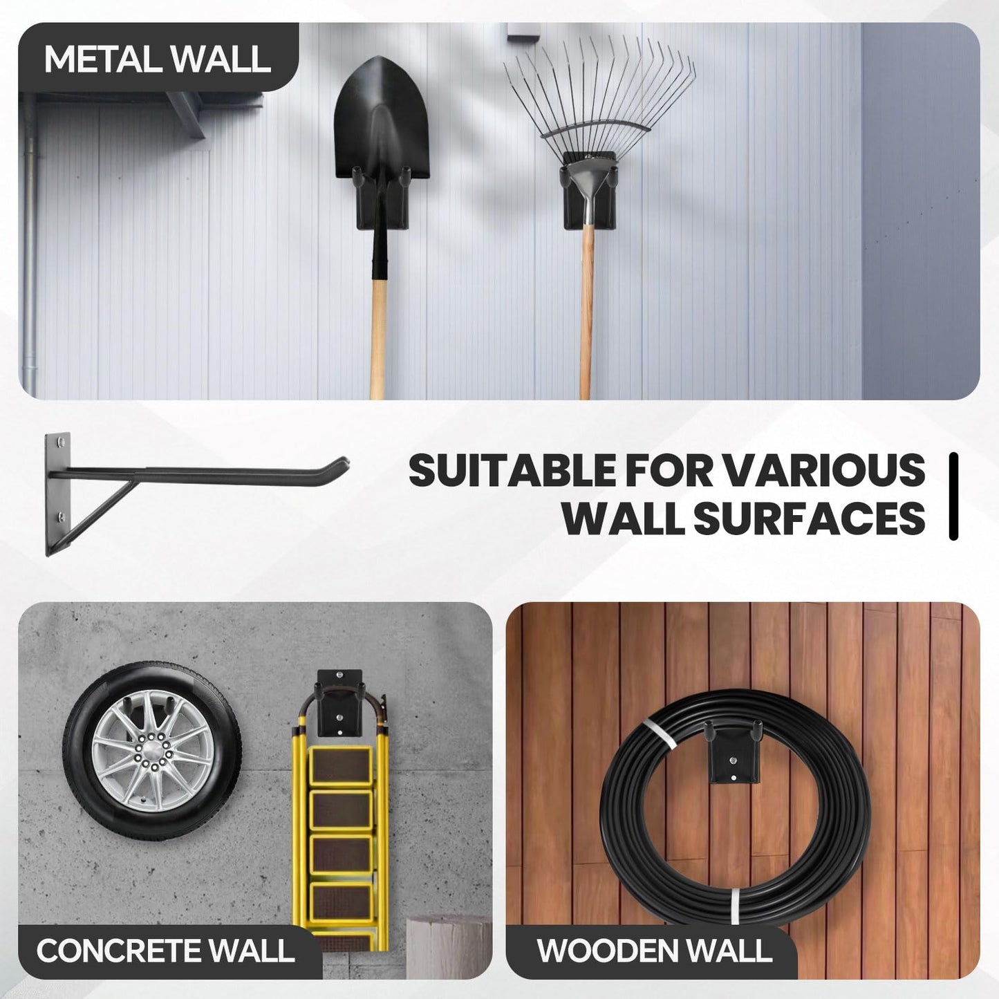 FancyEagle 14" Large Heavy Duty Garage Hooks, 4-Pack Steel Garage Storage Hooks with Support Rods, Utility Wall Mount Hangers for Power Tools, Car Tires, Ladders, Chairs, Garden Tools and More