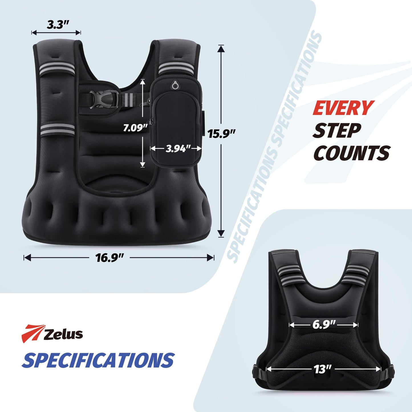 ZELUS Weighted Vest for Women Men, 6/8/12/16/20LB U-Shaped Ergonomic for Even Weight Distribution, Odorless Workout Vest with SGS Certification, Arm Pocket & Back Mesh Pouch for Training & Running