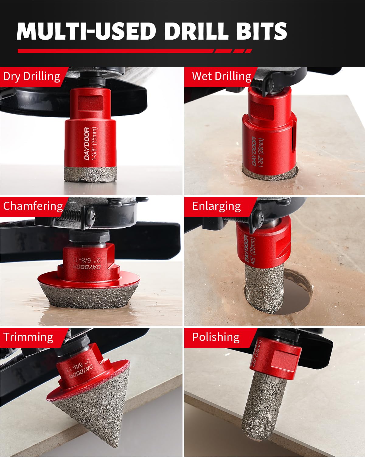 DAYDOOR Diamond Hole Saw Kit, 13-Piece Tile Hole Saw Kit 1/4" 5/16" 4/5" 1" 1-3/8" 2" 3" 4",Vacuum Brazed Core Drill Bits for Porcelain Tile, Granite, Marble, Stone(Red)