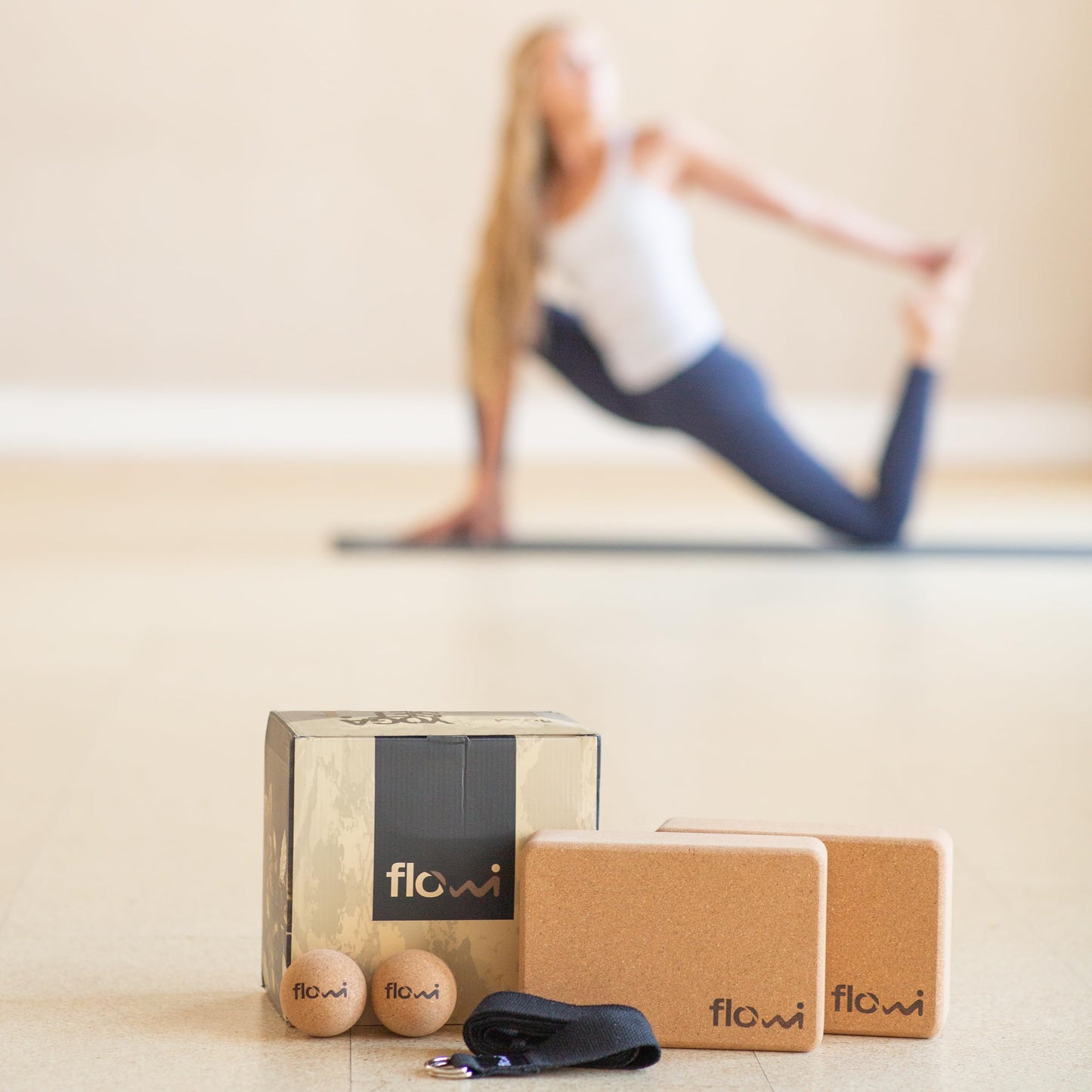 Natural Cork Yoga Blocks 2 Pack with Strap & Massage Balls - Premium Yoga Accessories for Women & Men