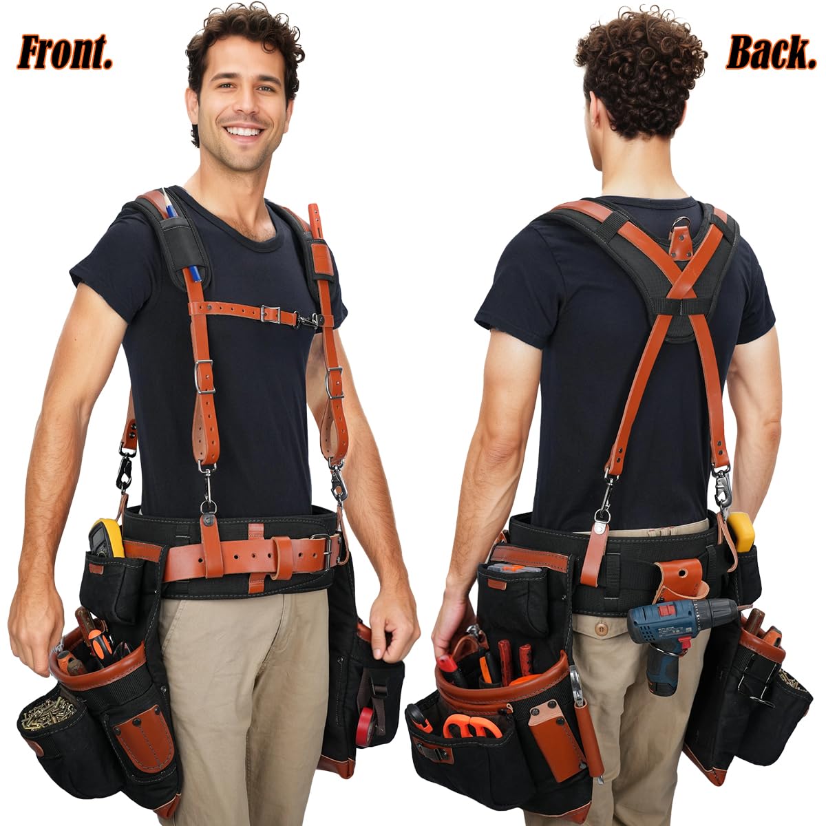 WELKINLAND Top-Grain Leather Tool Belt With Suspenders, Heavy-Duty Leather Tool Belts With Suspender, 22-Pocket Carpenter Pouches For Construction, Comfy Roofing Tool Belt, Framers Tool Belts