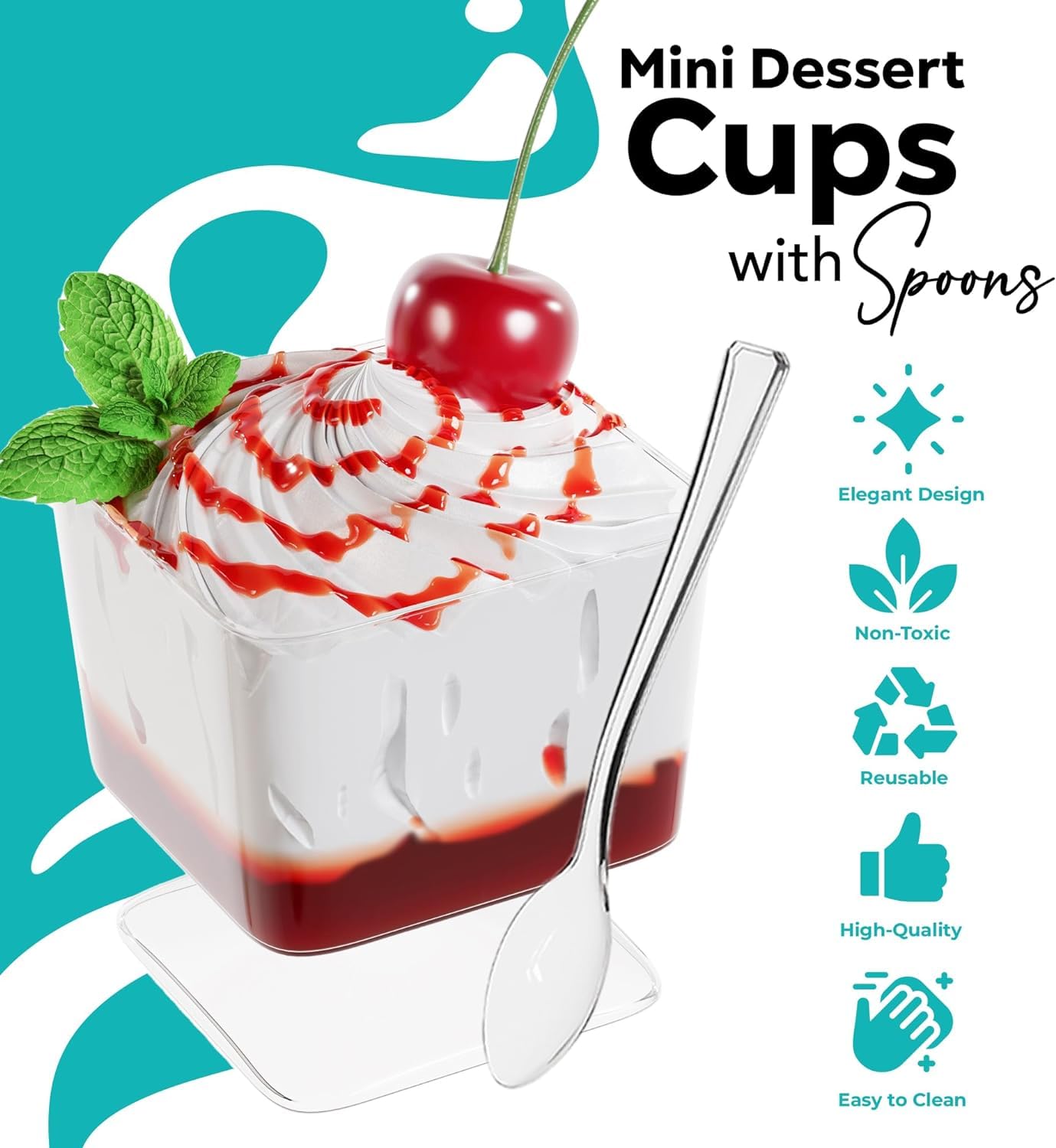 Exquisite Mini Dessert Cups With Spoons 200 Pcs - 2 Oz Square Clear Plastic Pudding Cups Disposable With Tasting Spoons 100 Sets | Mini Parfait Cup | Appetizer Cup For Party & Events