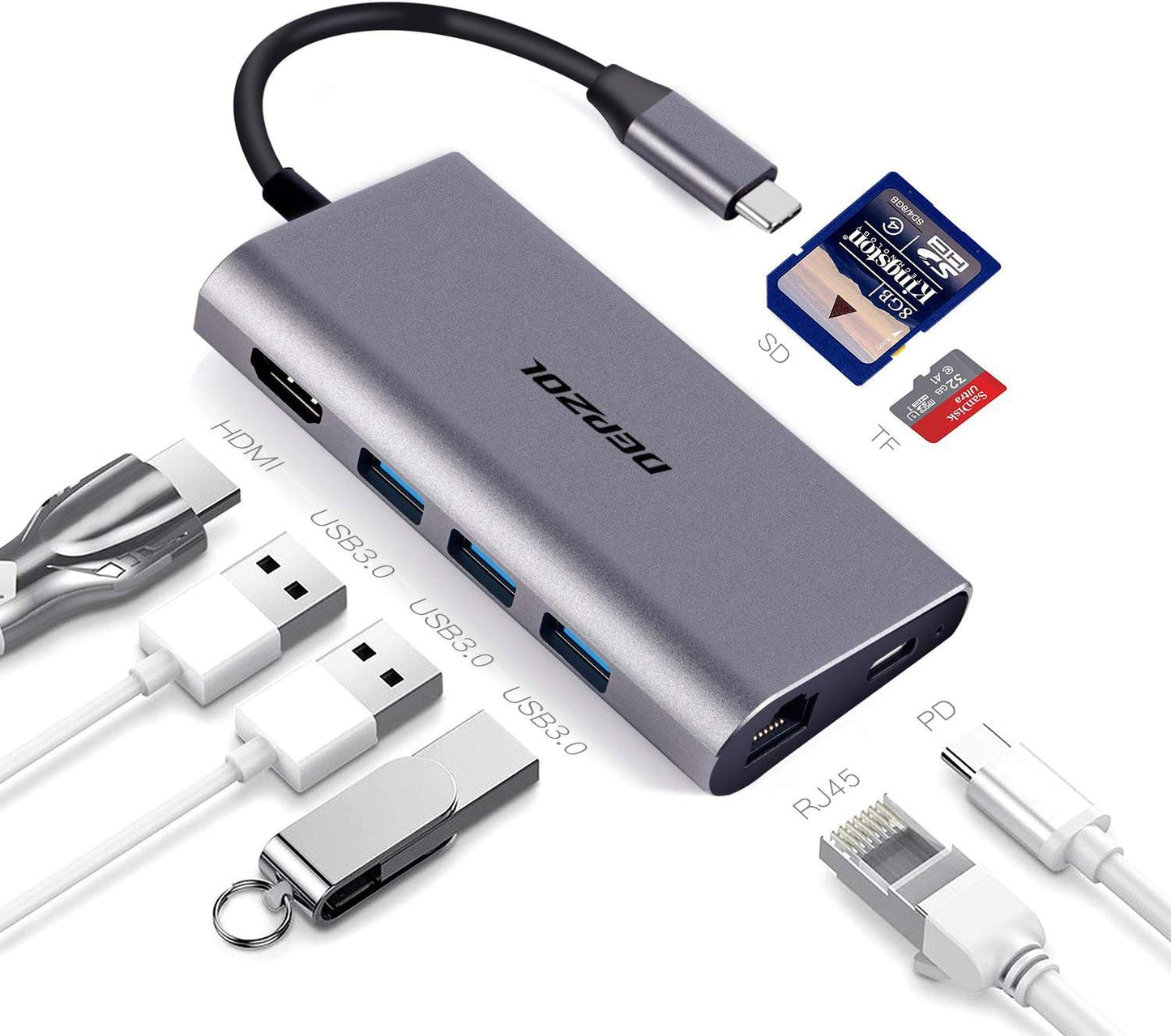 DEPZOL 8-in-1 4K, RJ45, 3 3.0 2018/2017/2016 USB C Hub, Type C Adapter Dock to HDMI Gigabit Ethernet PD Power Delivery