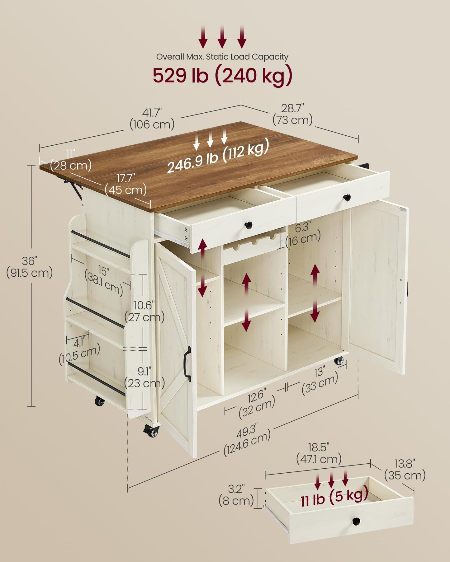 VASAGLE Mobile Kitchen Island with Drop Leaf, Portable Island with Spice Rack, Mobile Cart with Storage Cabinet, 17.7-28.7 x 49.3 x 36 Inches, for Dining Room, Rustic White and Honey Brown UKKI012W01