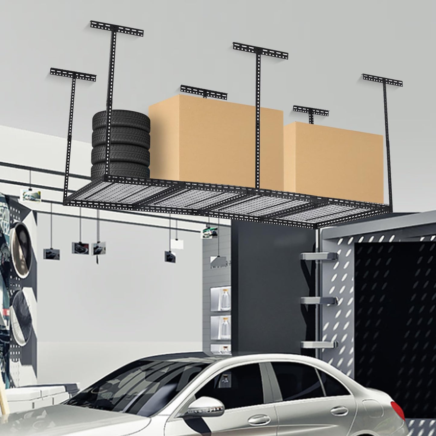 GOCAPTAIN Garage Storage Rack 4x8 ft Overhead Ceiling Mounted Storage Racks Adjustable Garage Storage Organization of Heavy Duty Metal 600Lbs Weight Capacity