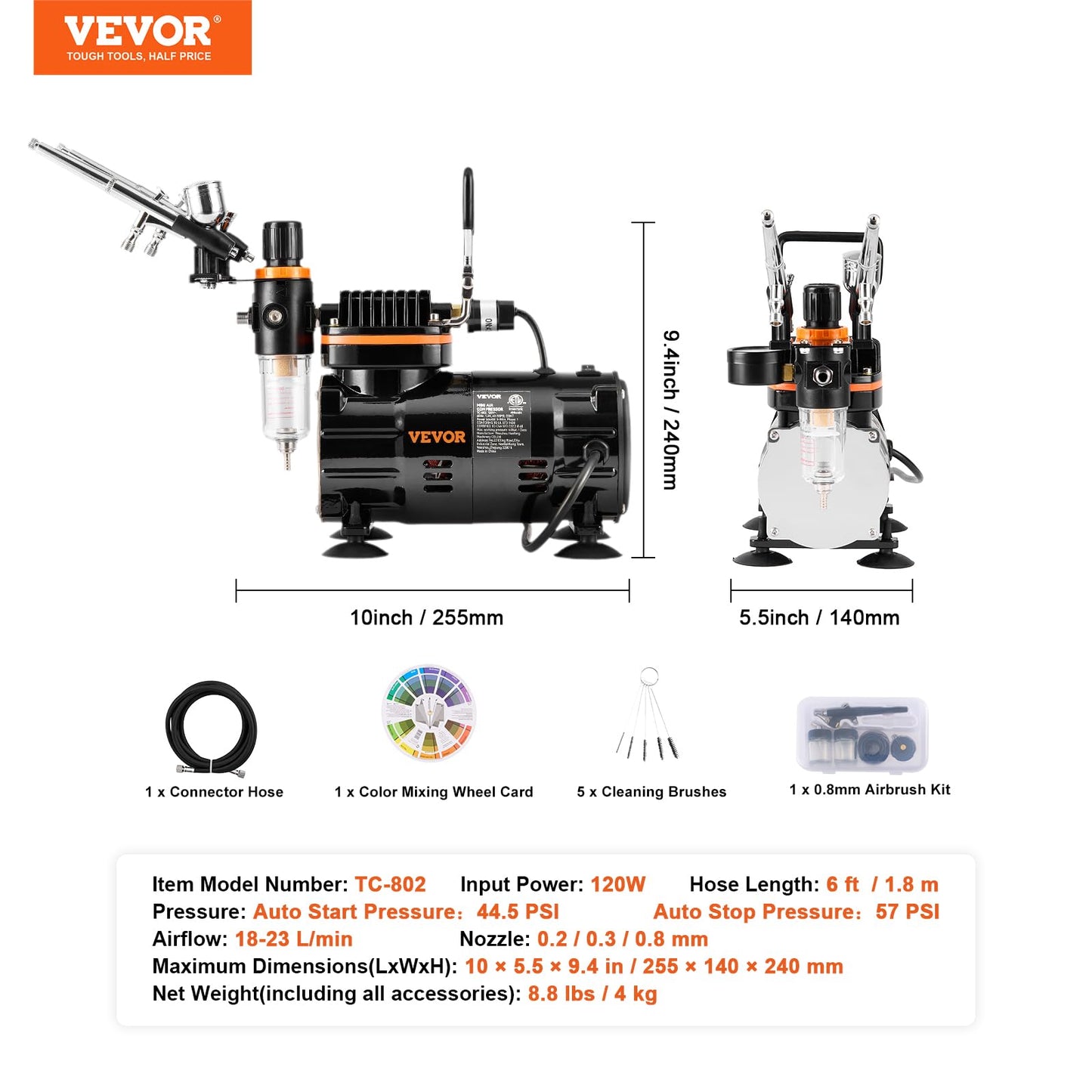 VEVOR Airbrush Kit, Professional Airbrush Set with 1/5 HP Compressor & 3 Airbrushes, Airbrushing System Kit with Multi-Purpose Dual-Action Gravity Feed Airbrushes, Art Nail Cookie Tatto