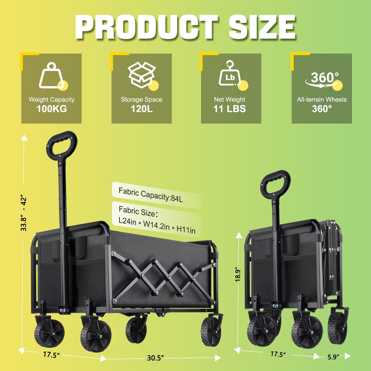 100KG Collapsible Foldable Wagon Carts - Heavy Duty Portable Folding Utility Wagons with All-Terrain Wheels for Grocery Sports Shopping Camping Garden Beach, 2 Drink Holders/Lightweight/Black