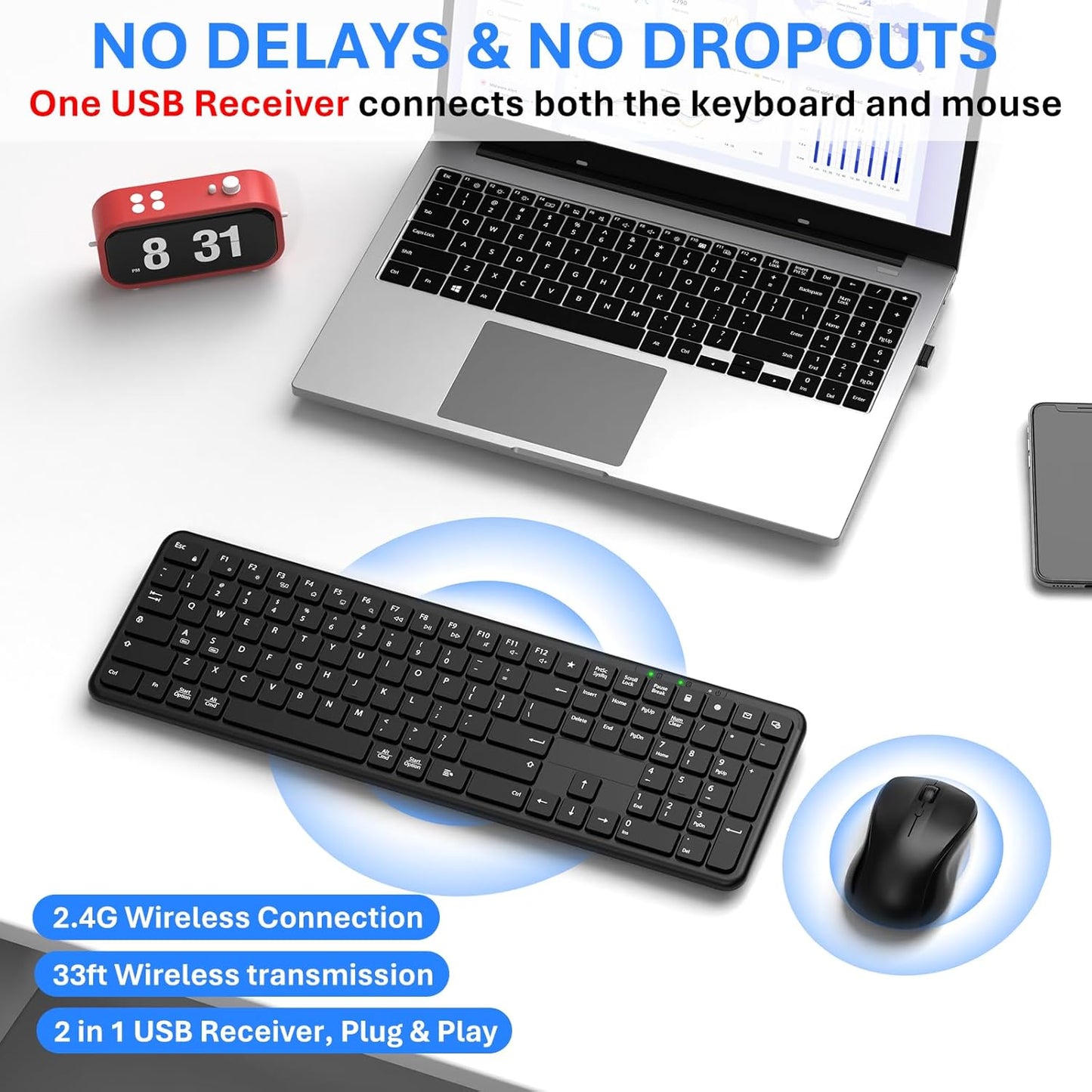 EAYBLLY 2.4G Set Wireless Keyboard and Mouse Combo, Full-Size Silent Ergonomic Keyboard and Mouse, Sleep Mode, Long