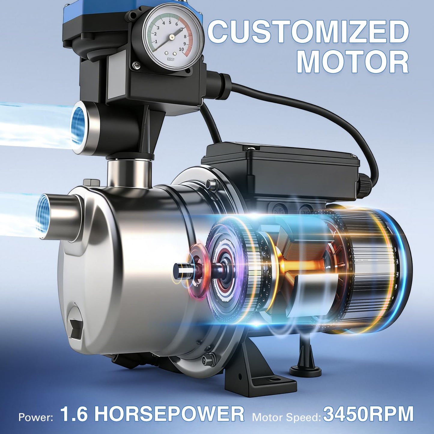 Weeflos 3/4 HP 1020 GPH Shallow Well Water Jet Pump Stainless Steel Automatic Water Booster Pump 118FT 115V for Home, Garden, Lawn Transfer Draining Irrigation