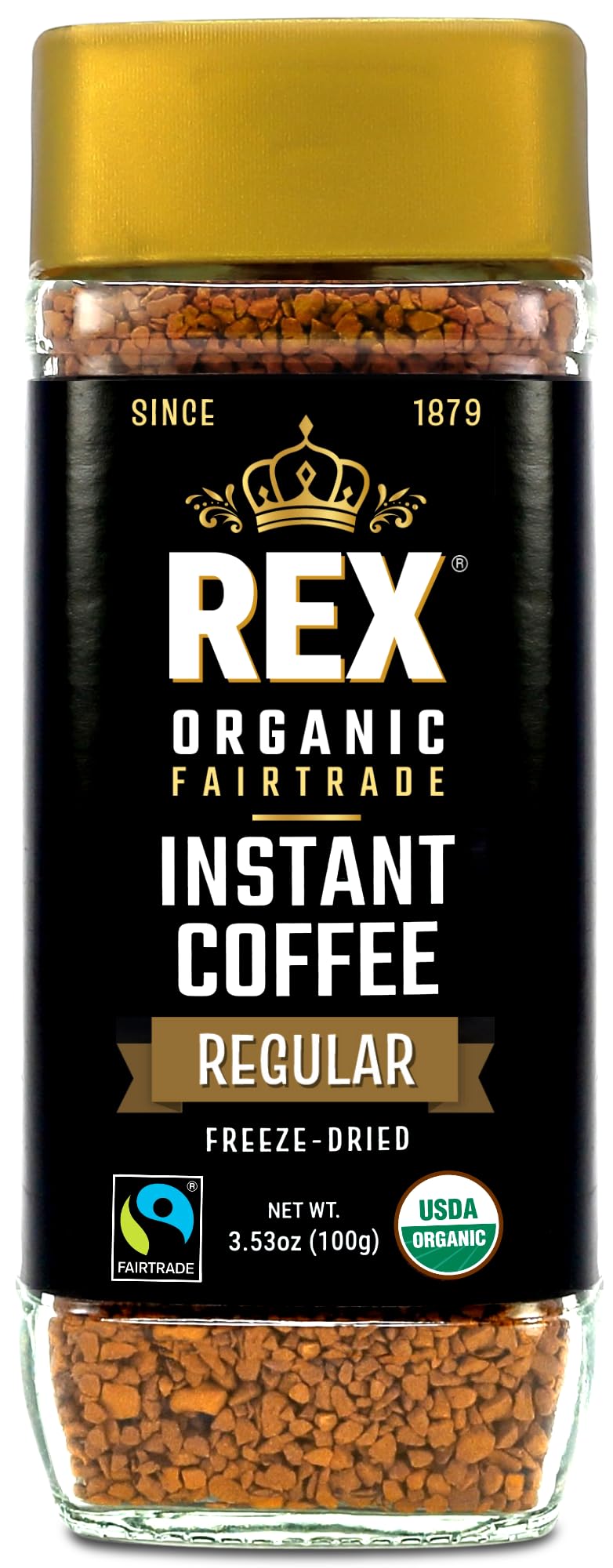 Rex Coffee Organic Fairtrade Freeze-Dried Instant Coffee – Medium Roast Arabica, 3.53 oz Glass Jar – Lab Tested for Mold, Mycotoxins, Heavy Metals, & Acrylamide