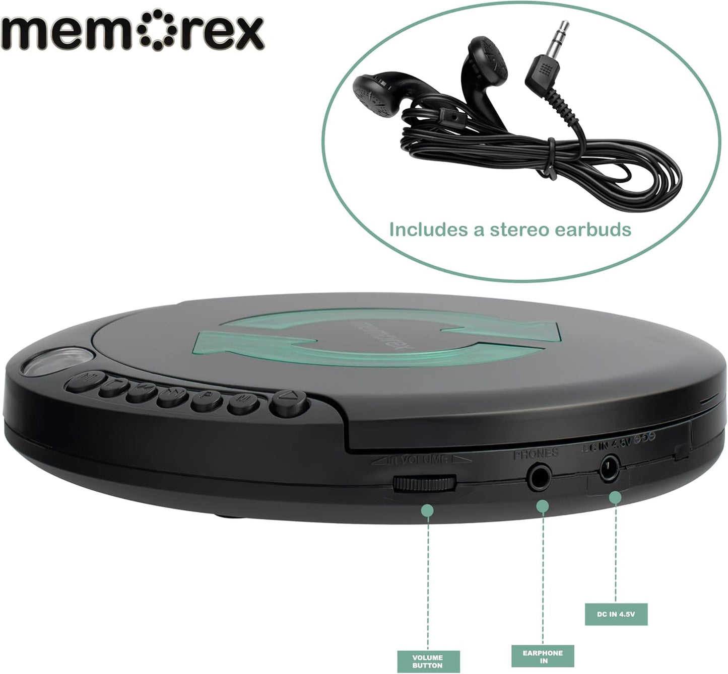 Memorex MX-DM80 Portable CD Player | Compact Disc Player with Anti-Shock Technology | LCD Display, Stereo Earbuds, Low