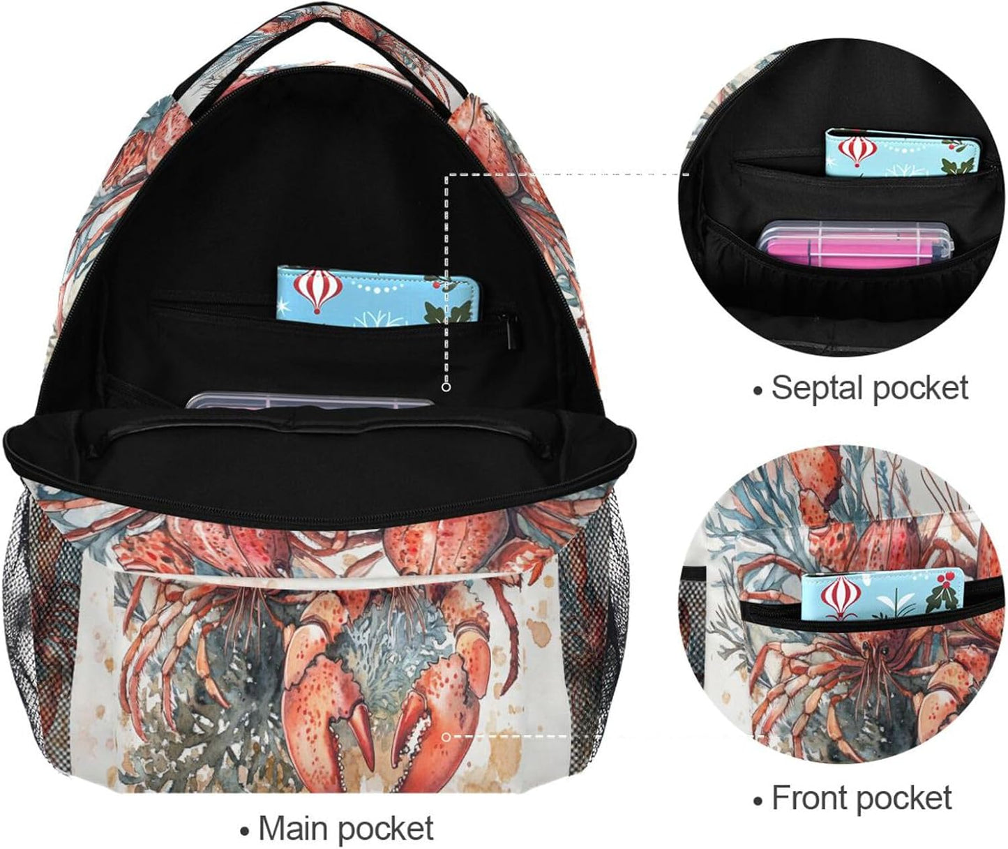 Krafig Backpacks Backpack Daypack Watercolor Red Lobsters Corals Boys Girls Kids School Bookbag, School Bag Travel