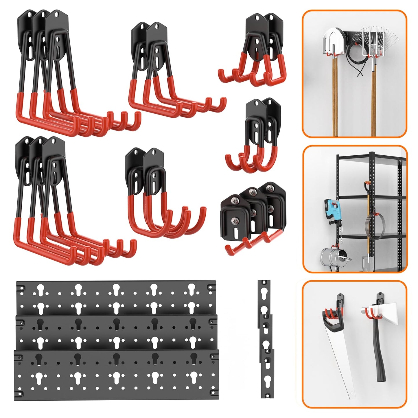 TORACK 24 PCS Garage Storage Hooks with Tracks, Wall Mount Tool Organizer for Garden Tools, Ladders, Cords, Folding Chairs, Shovels and Rakes, Shelving Hooks for Keyhole Style Shelving Units
