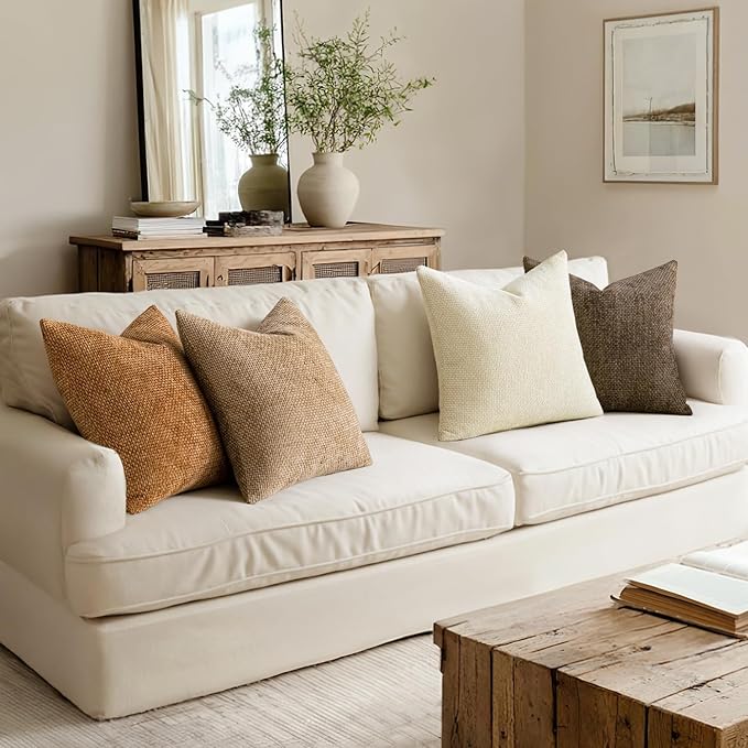 MIULEE Pack of 4 Brown Couch Throw Pillow Covers 22x22 Inch Soft Decorative Chenille Pillows Farmhouse Accent Cushions for Boho Home Decor Spring Sofa Bedroom Living Room