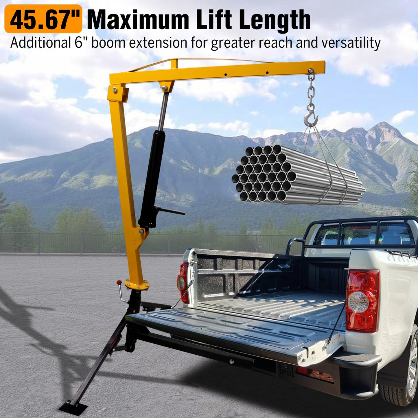 Hydraulic Pickup Truck Crane with Hand Winch,2000 LBS Capacity,360°Swivel Truck Jib Engine Hoist Crane,Davit Crane,44.09”to 57.48”Working Boom Range,for Lifting Workshops,Construction,Agriculture