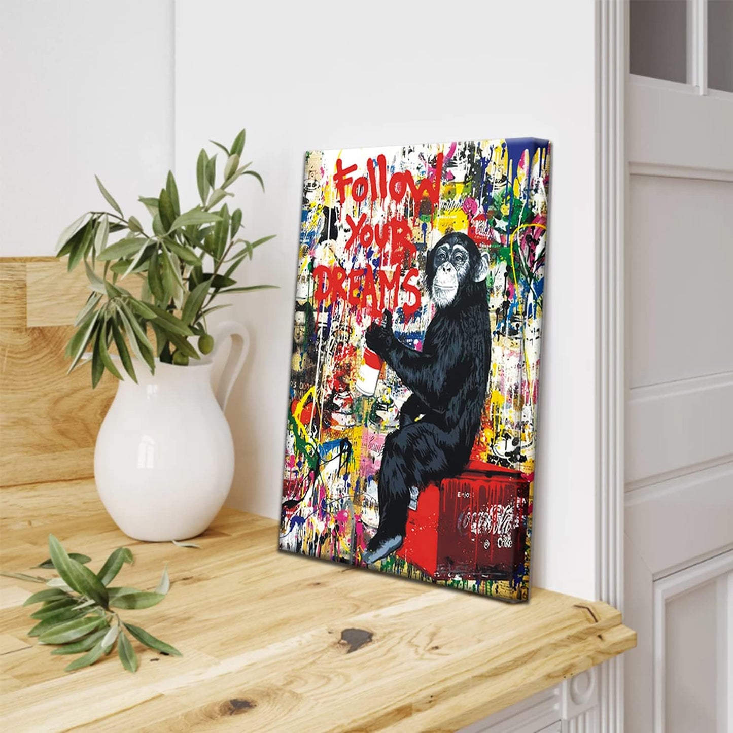 AKOTAC Monkey Street Graffiti Canvas Print - Follow Your Dreams Animal Wall Art | Framed Home Decor for Living Room & Office