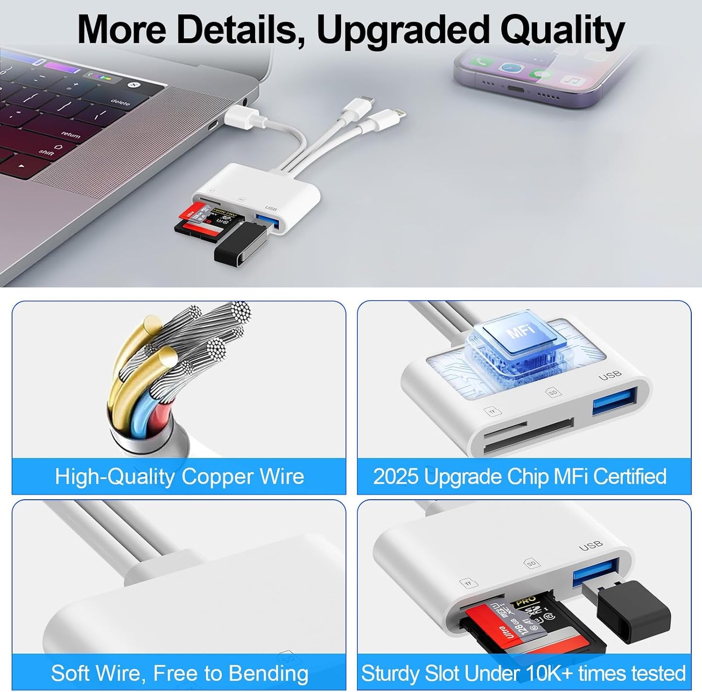 Denlane 3 1 SD Card Reader for iPhone iPad Mac, USB C & Lightning & USB-A in MircoSD/SD Adapter for Digital Camera USBC