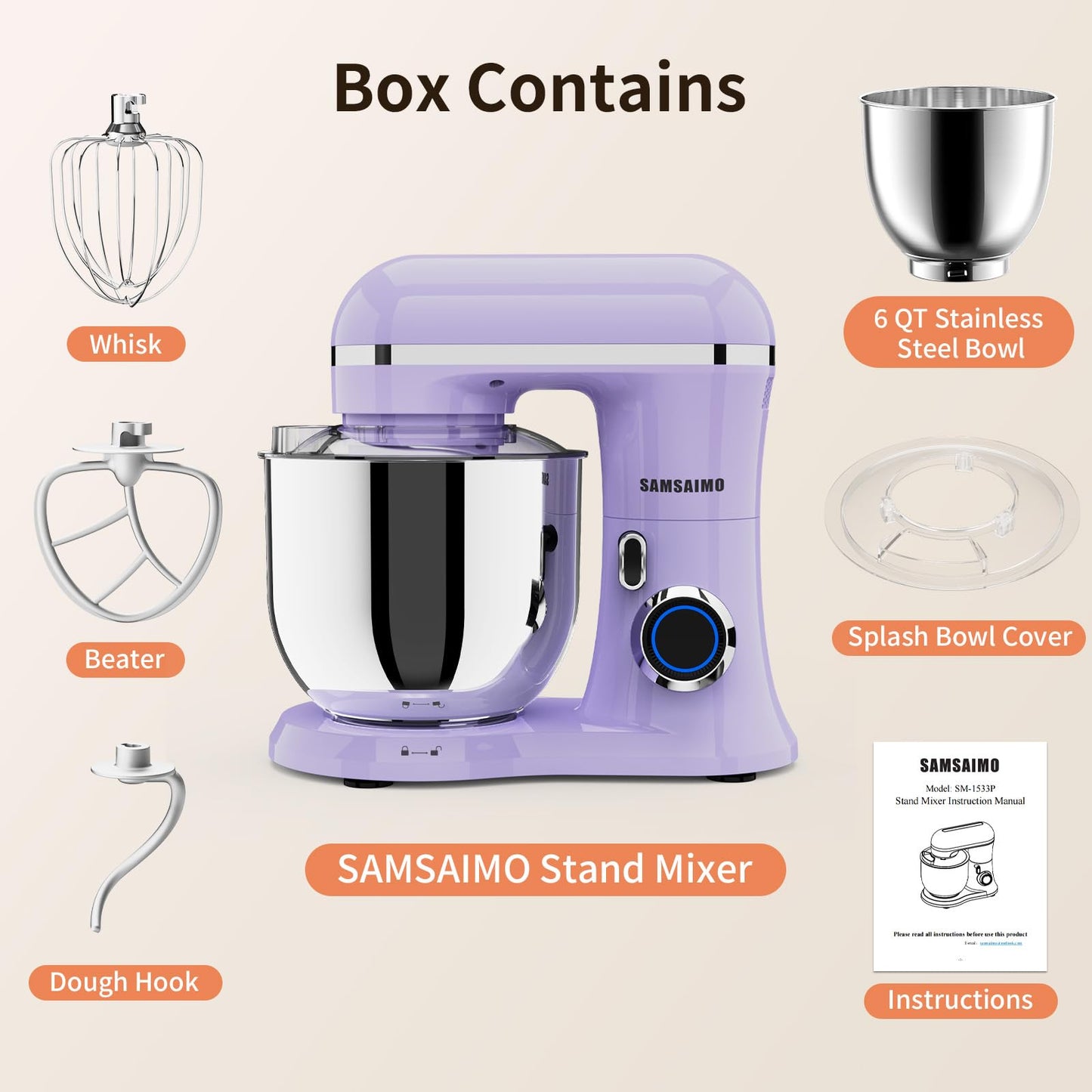 SAMSAIMO 3-IN-1 Electric Stand Mixer, 10-Speed With Pulse Button, Attachments include 6.5QT Bowl, Dough Hook, Beater, Whisk for Most Home Cooks (Purple)