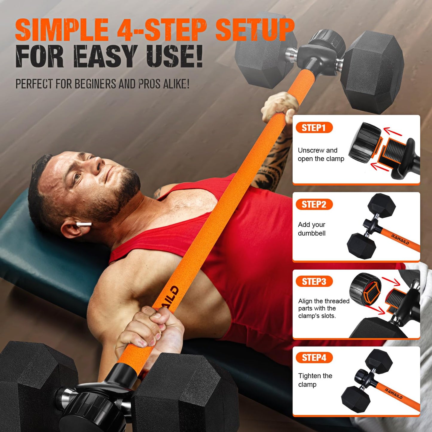 Rawaild Dumbbell Converter, Convert Dumbbells to Barbell Set, Weight Bar for Bench Presses, Squats, Hip Thrust, Deadlifts, Home Weightlifting and Strength Training, Versatile Home Gym Equipment