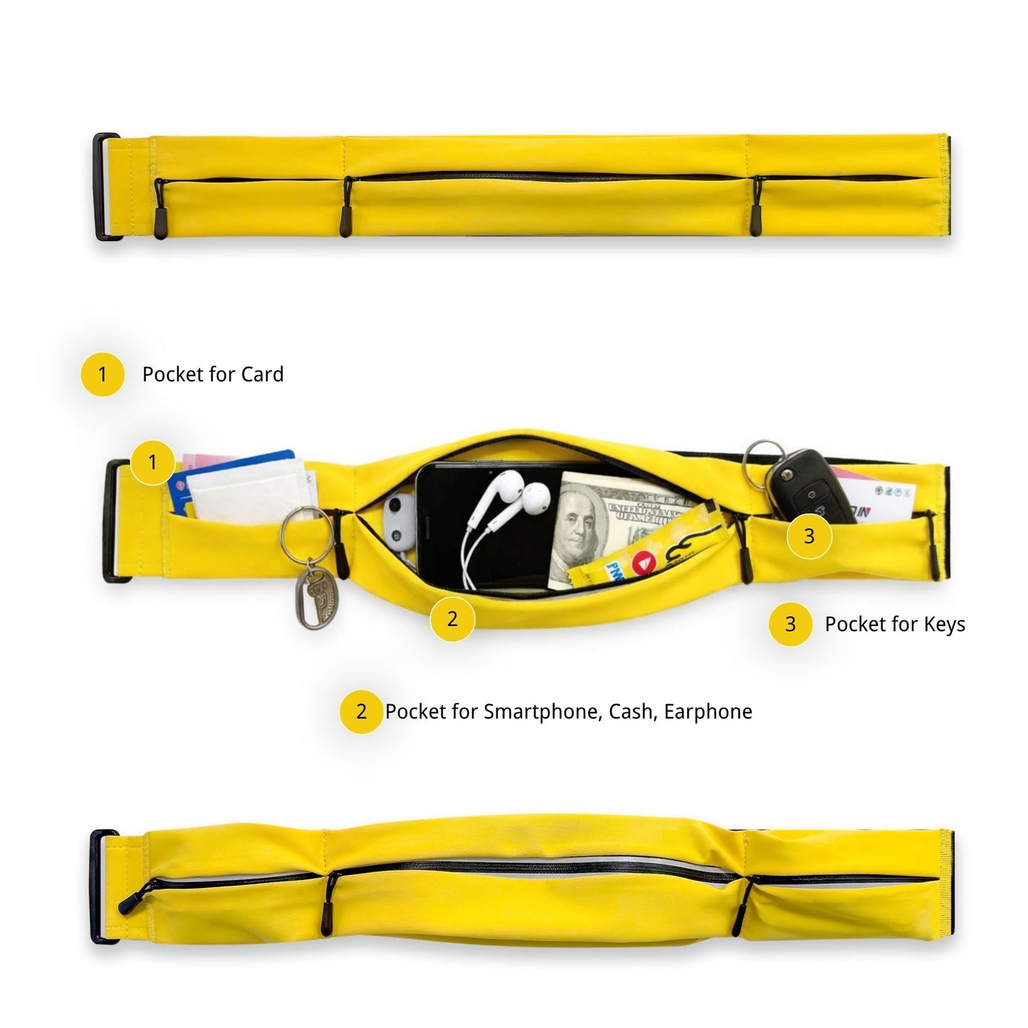 Running Belt for Men Women, Water-resistant Fanny Pack with 3 Zipper Pockets & Reflective Safety Strips, Adjustable Waist Pack Jogging Pouch for Phone, Keys & Essentials (Yellow, Large)