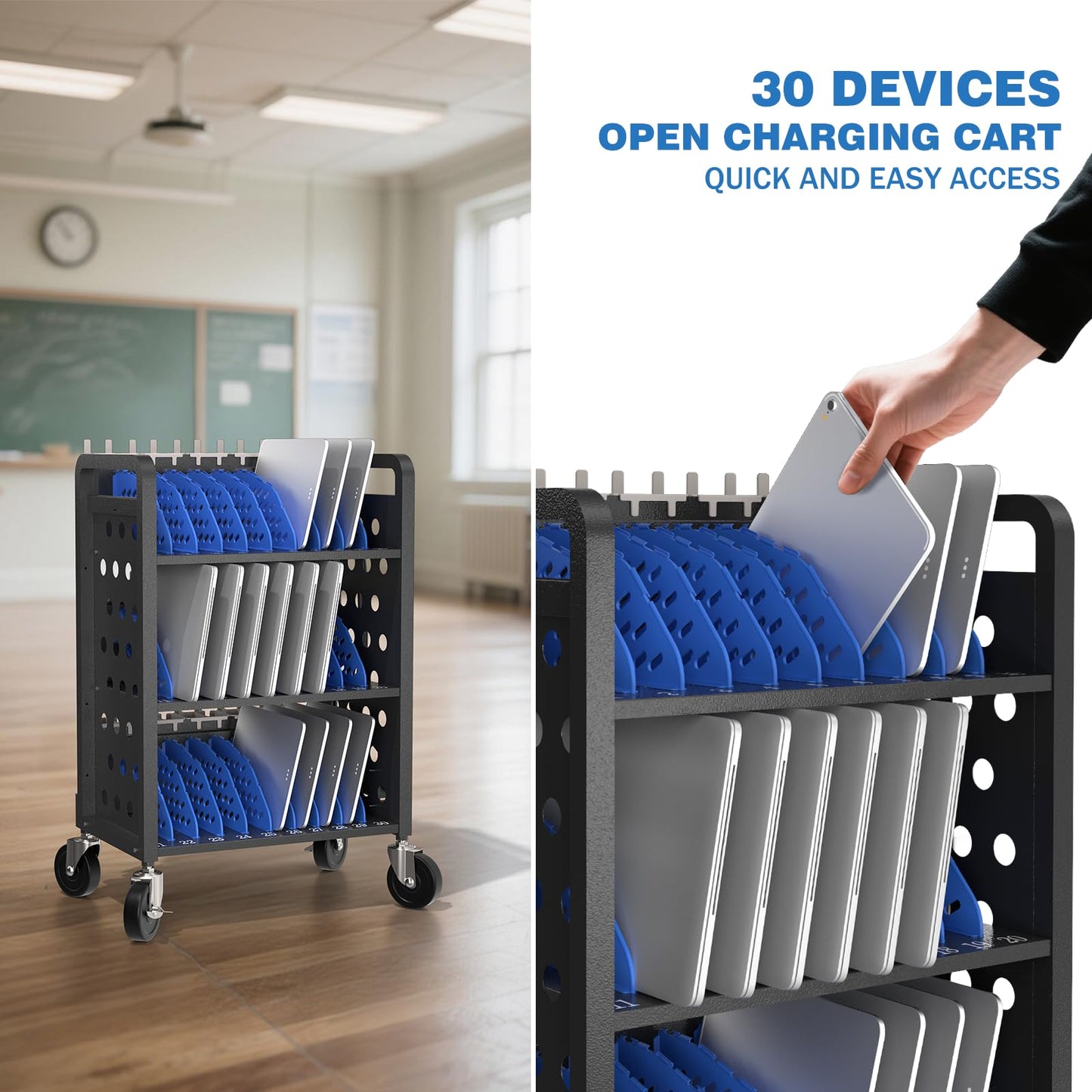 POCHAR 30 Devices Open Laptop Charging Cart for iPads, Tablets - Laptop & Tablet Storage Carts for Classroom, Office - Chromebook Charging Station Cart with Cable Management & Surge Protection