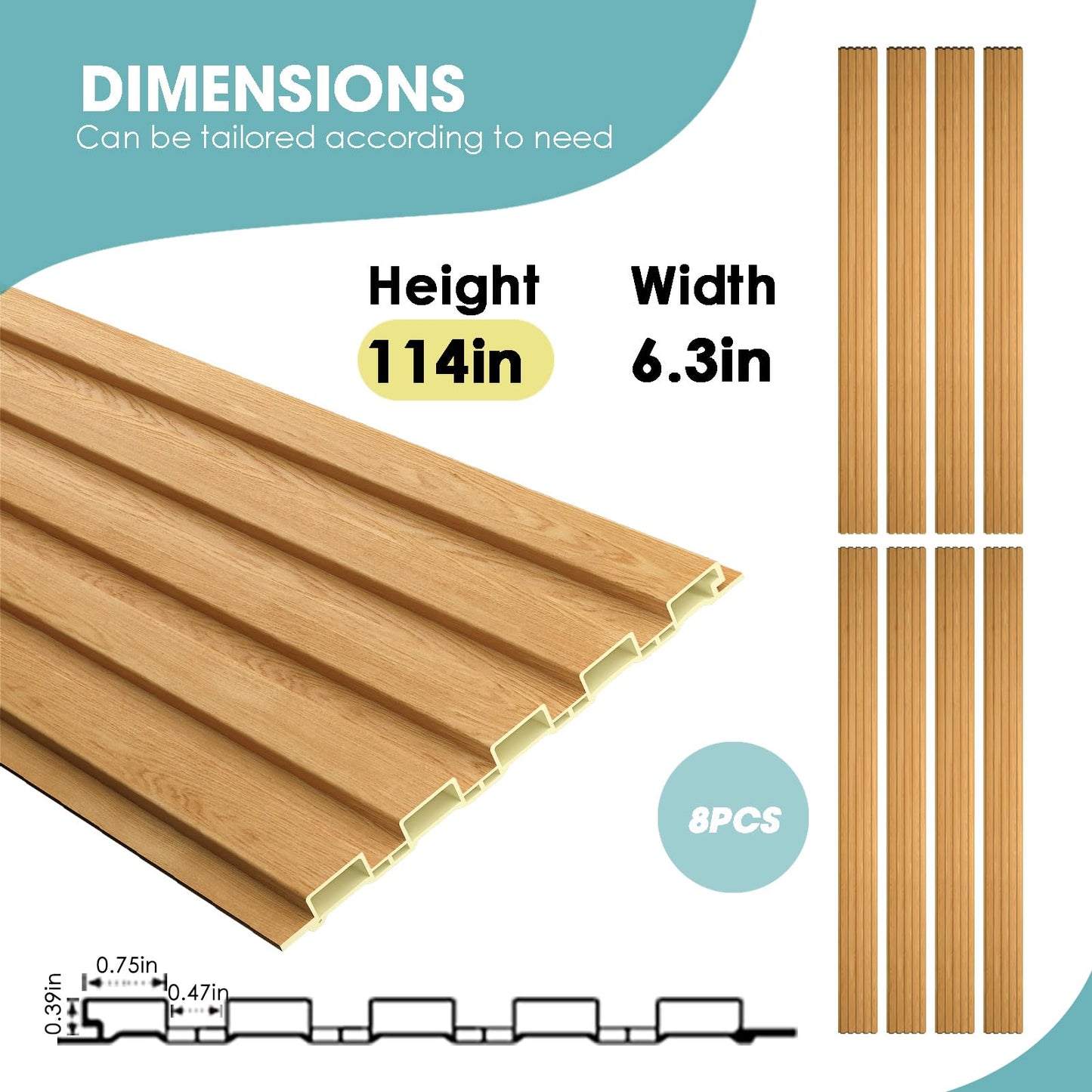 OUZUGIE WPC Acoustic Slat Wall Paneling, 8-Pack 114 x 6 Inches 3D Wall Panels for Interior Wall Decor,Living Room,TV Background,Study Room,Office Spaces,Bedroom,Low Grille (Oak)