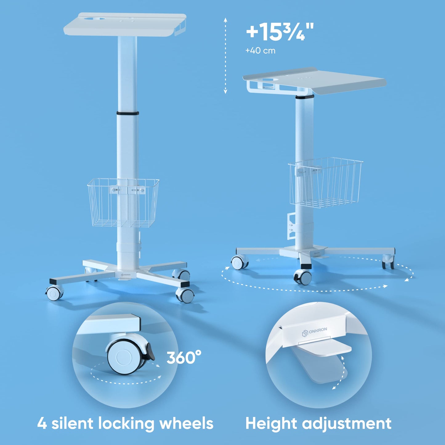 ONKRON Mobile Laptop Cart on Wheels, Load up to 17.6 lbs, Standing Rolling Desk Adjustable Height, Portable Workstation for Laptop/Small Computer Cart for Couch, Home, Office White