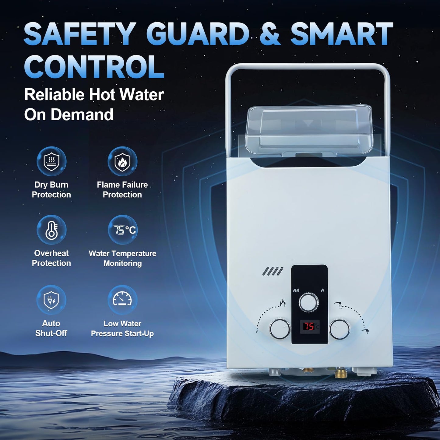 GEARPASS Propane Tankless Water Heater Outdoor, 2.11 GPM 8L, Portable Gas Water Heater with Handle and Digital Display, Instant Hot Water for RV, Cabin, Pet Bathing, Camping