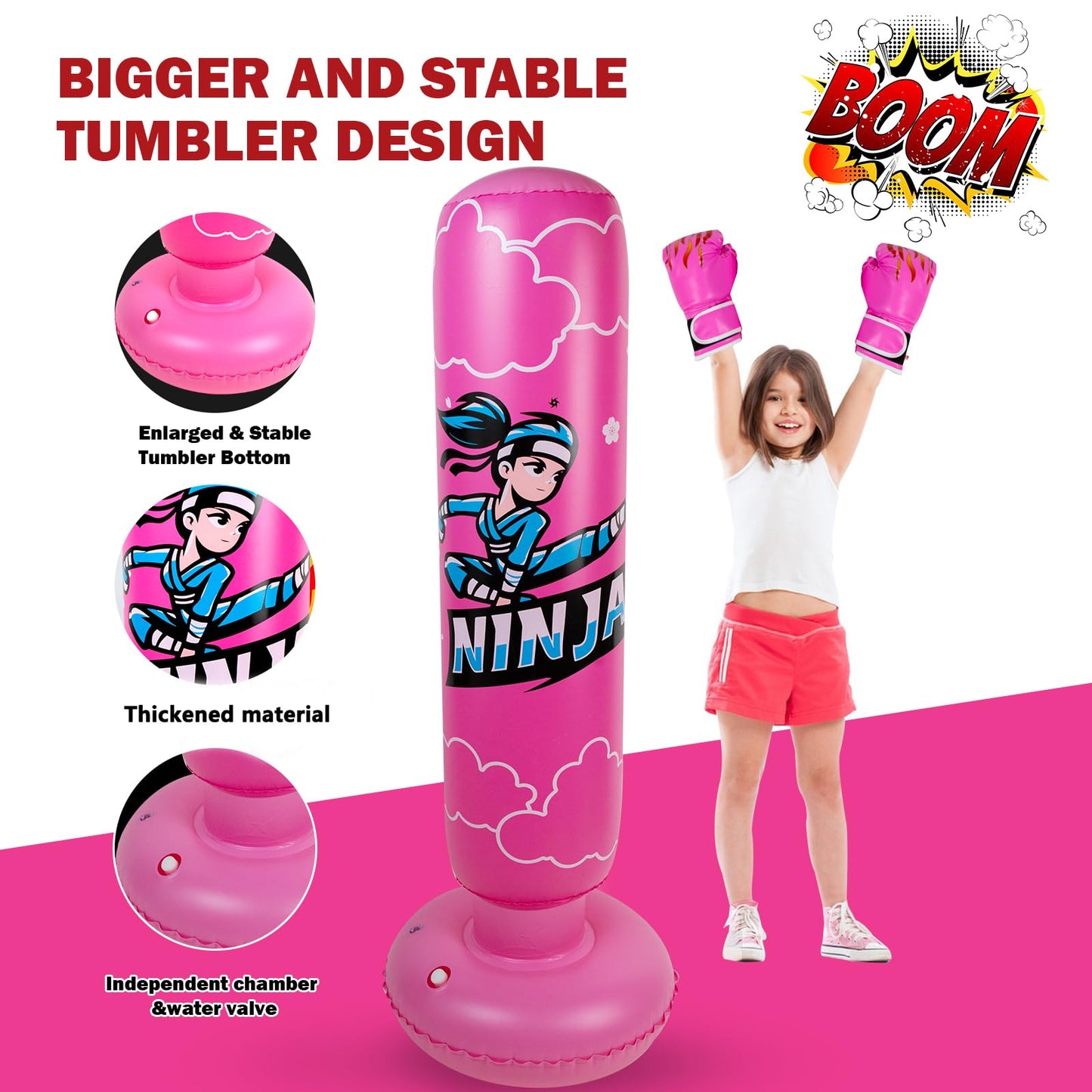 Onirii Kids Inflatable Punching Bag,66 Inch Large Stable Kids Inflatable Boxing Bag Toy Set with Gloves,Great Gifts for Boys & Girls Age 6-12 for Taekwondo,MMA and Practicing Karate