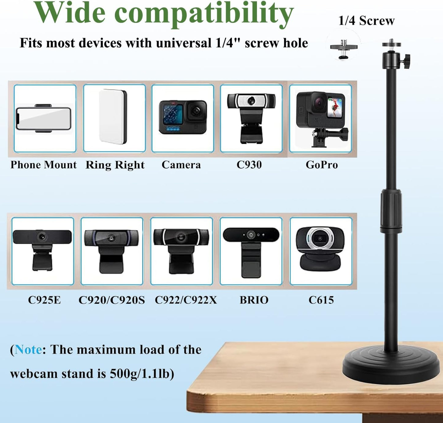 Knatpunff C920 C922 C925e C930e, 1/4" Webcam Stand with Phone Holder, Adjustable Height Desk Camera Mount for Logitech