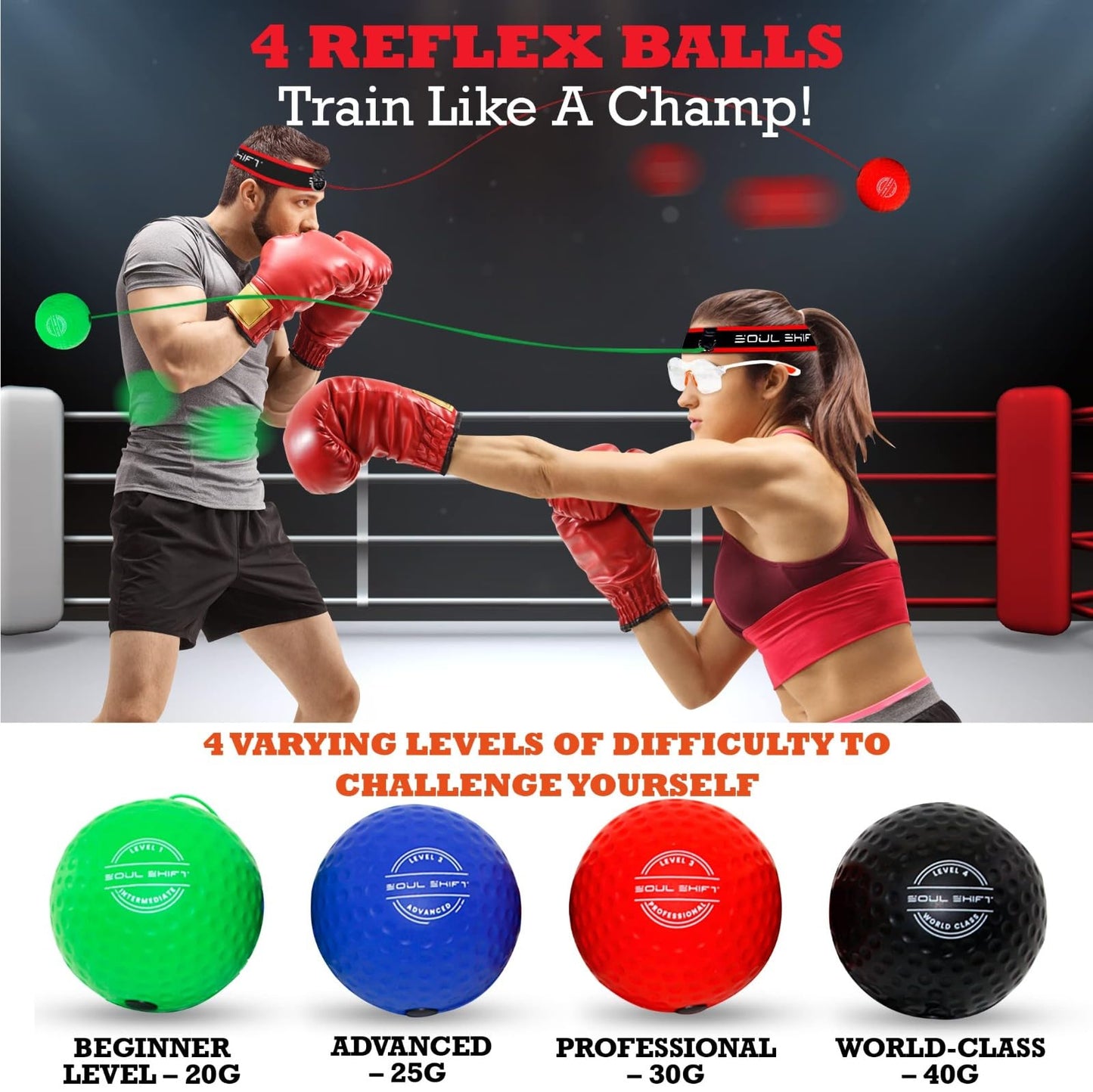 Soul Shift Boxing Reflex Ball – 4-Level Family Training Pack | Safety Glasses + Reaction Ball + 2 Headbands | Improve Focus, Reflexes, Agility & Hand-Eye Coordination | MMA