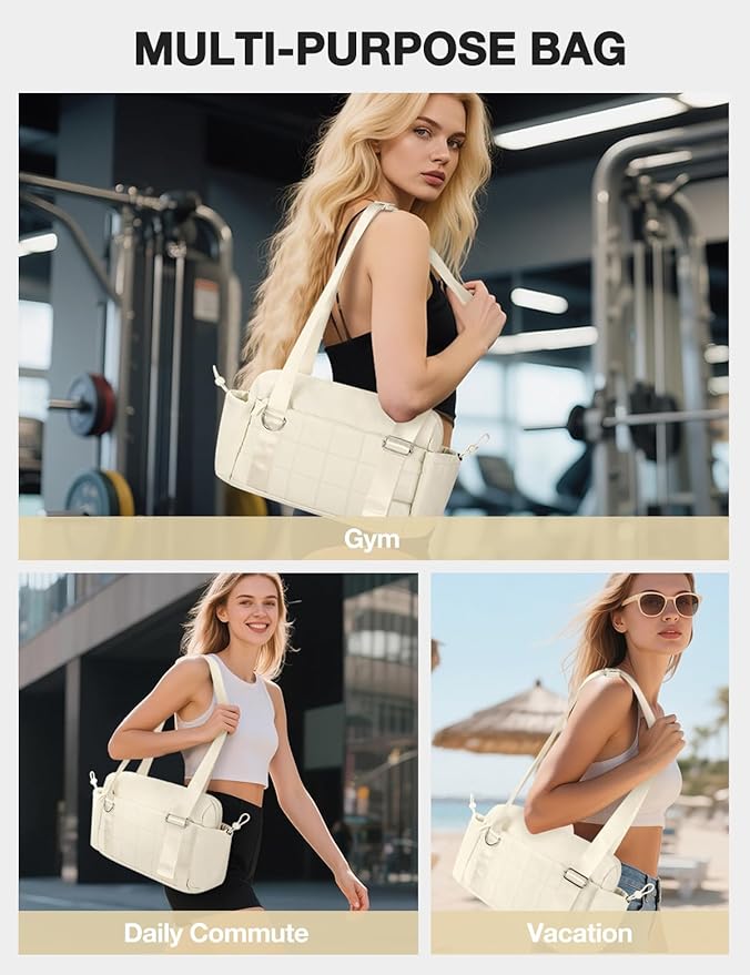 VUUDH Puffy Mini Gym Bag for Women, Carry On Multi-Pocket Water-Resistant Duffel, Lightweight Sports Bag for Fitness, Work, Travel, Daily Commute,Beige