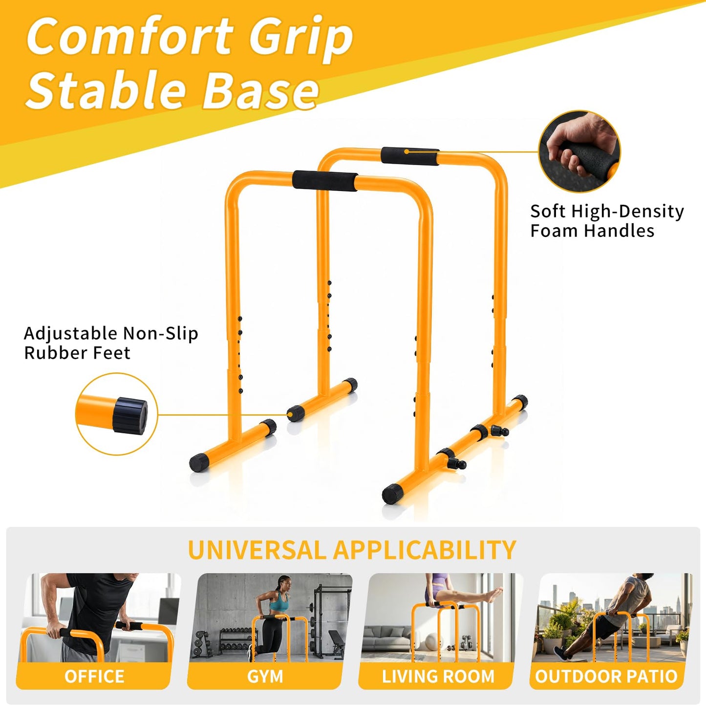 NEWBULIG Dip Bar Station, Adjustable Parallel Parallettes Bar with Soft High-Density Foam Handles, Heavy Duty Dip Stands Workout Equipment for Home, Gym, Patio, Office - Yellow