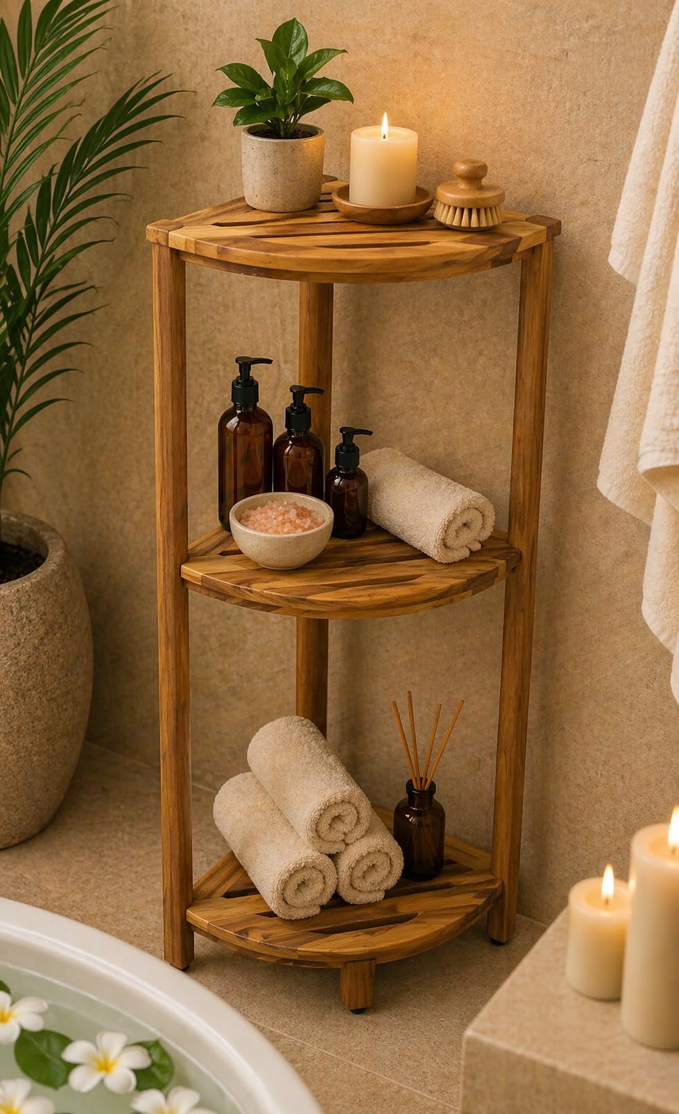 EcoDecors Snazzy Corner Gold 3 Tier Corner Shelf FSC Teak Wood Bathroom Shelf Natural Water Resistant Spa Shower Organizer for Bathroom Sauna Bath Storage 17 x 12 x 32 in