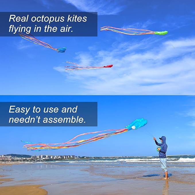 Octopus Kites for Kids & Adults Easy to Fly, 24”x 158” Large Soft Kite Kit for Boys and Girls, Single Line 3D Beach Kite Set for Teens,Perfect for Outdoor Activities