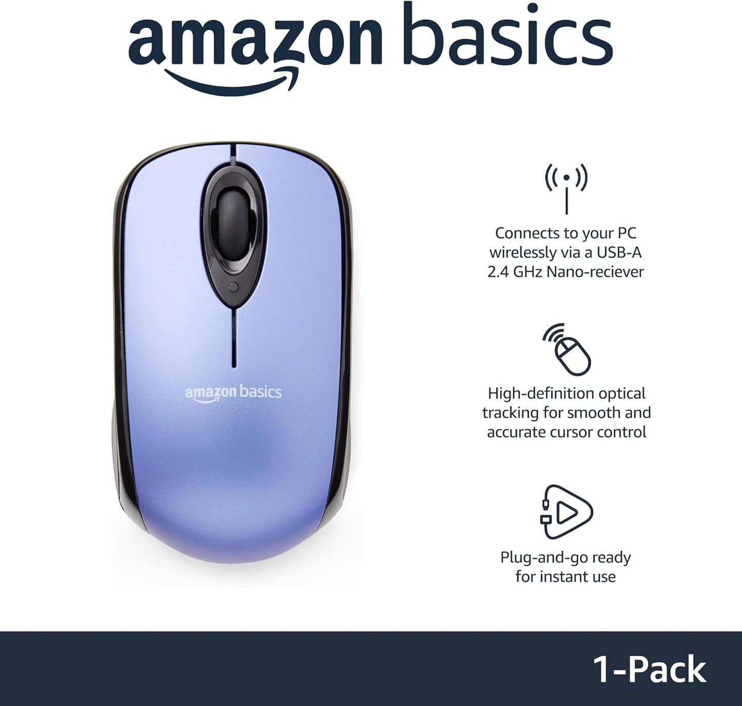 Amazon Basics 2.4 Setup, GHz Wireless Optical Computer Mouse with USB Nano Receiver, Portable, Easy Blue