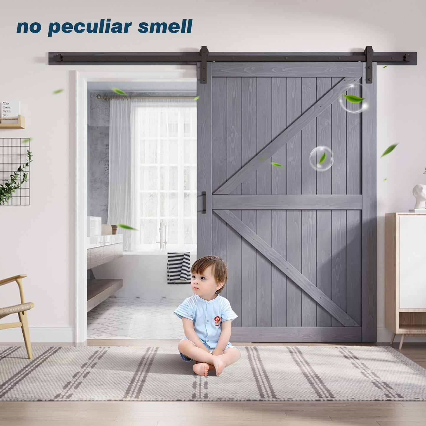FREDBECK 54in x 84in Gray Wood Barn Door Slab with 9ft (108inch) Barn Door Hardware Track Kit Included, Double Surfaces,Simple Assembly is Required,K-Frame,Grey