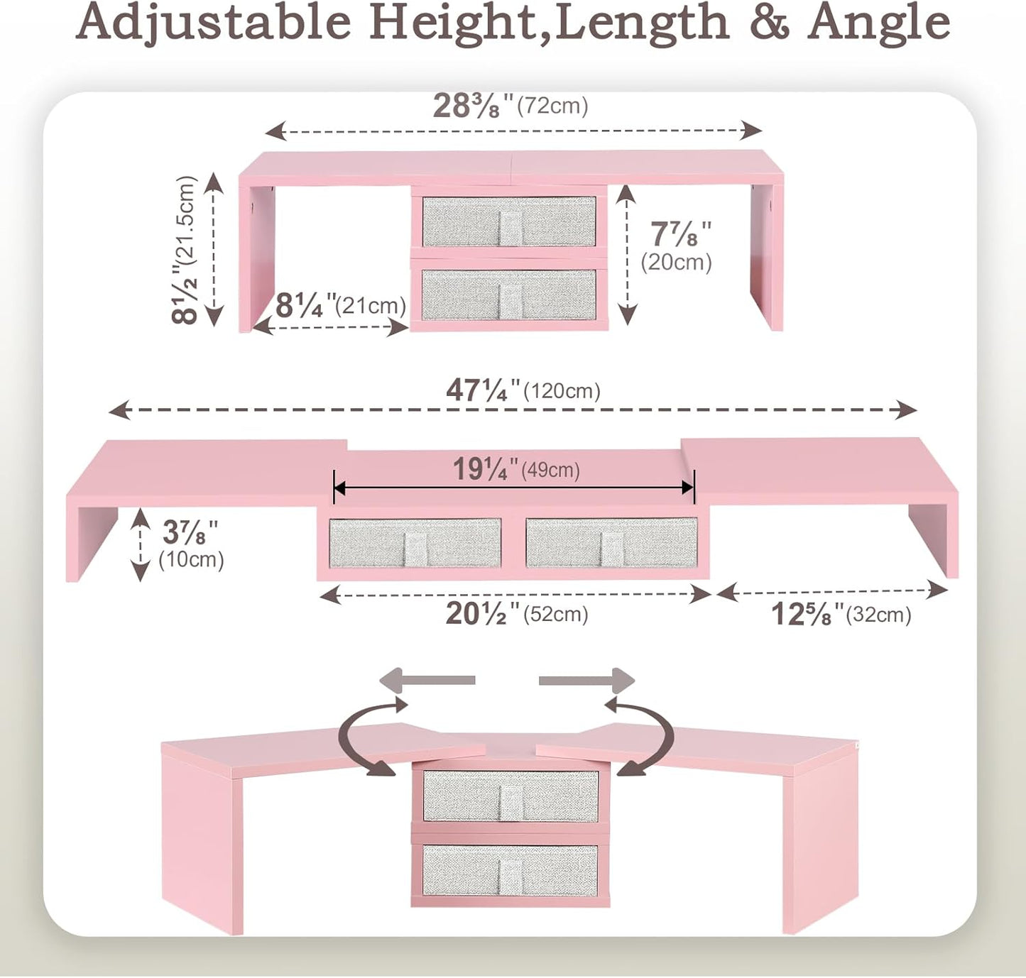 2 37 inch 2 (2 8''H) TEAMIX Pink Dual Monitor Stand Riser with Drawers - Length and Angle Adjustable Double Corner Desk