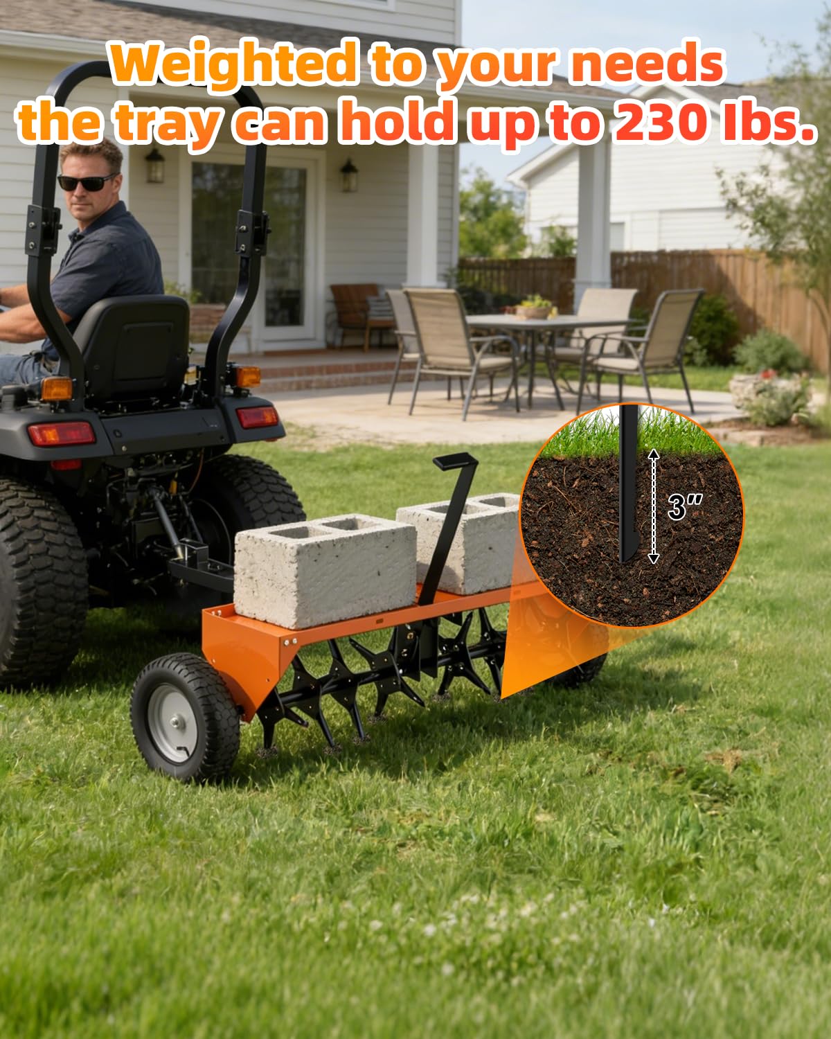 48" Tow Behind Aerator, Pull Behind Lawn Aerator Tool with Universal Hich, 32 Rust-Proof Knives & Heavy-Duty Tires, Plug Aerator for Yard & Garden Compacted Soil, Fits Lawn Tractors, ATV, UTV, Orange