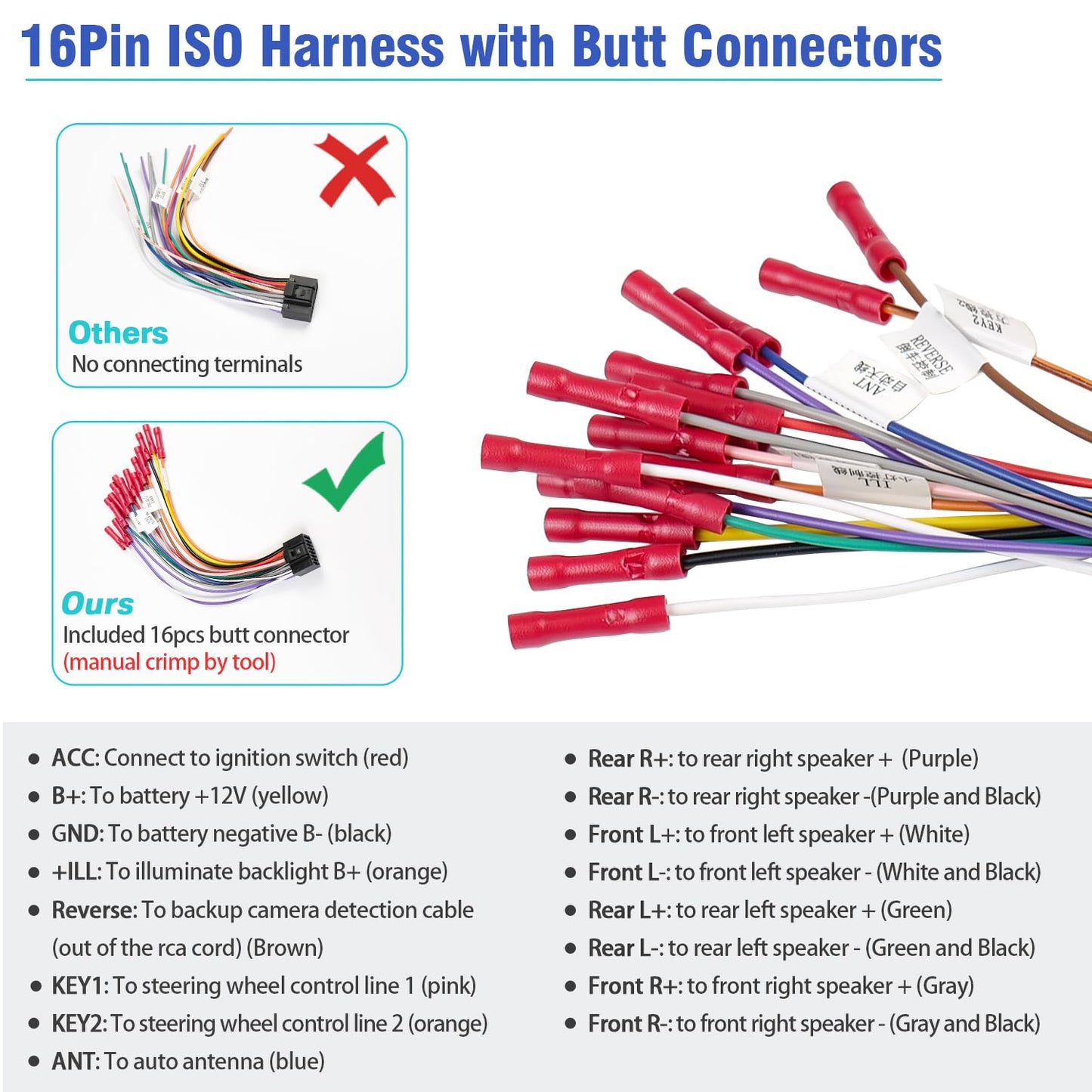 16Pin 10Pin 20Pin 4Pin/6Pin Radio Wiring Harness Kit ISO Android Car Stereo Wire Harness with Butt Connectors RCA