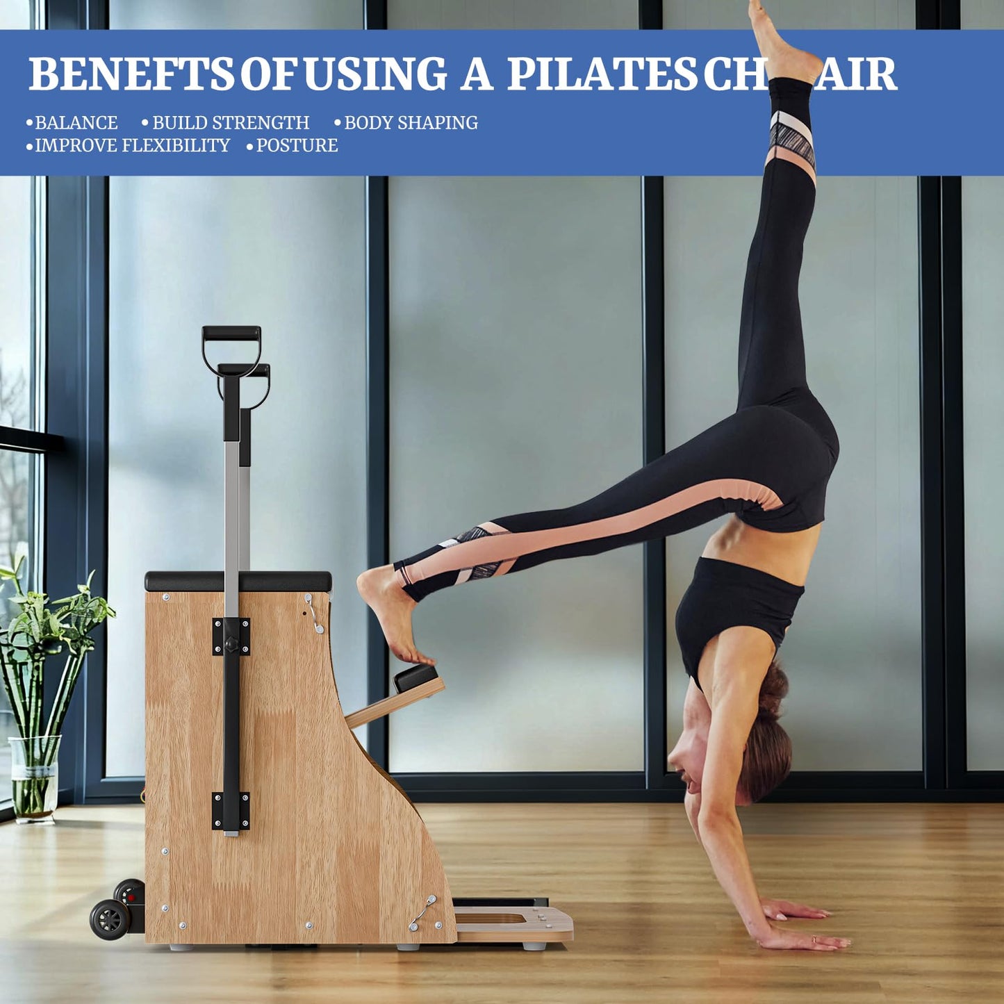 Pilates Chair Wunda Chair Pilates Combo Chair with Handles Split Pedals Reformer Machine for Yoga Core Training Rehabilitation Includes Non-Slip Socks (Wood Panel Bracket)