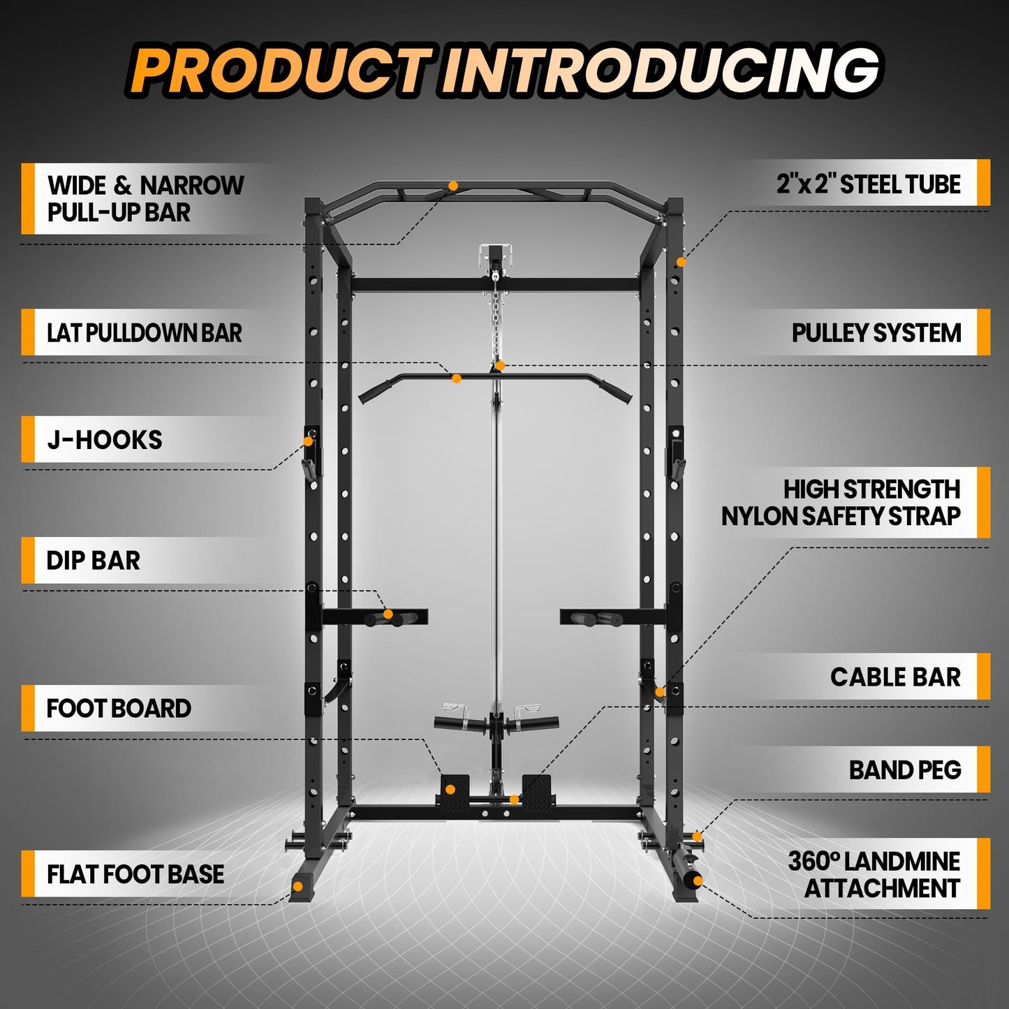 Power Cage with LAT Pulldown Machine - Squat Rack for Home Gym, Multi-Functional Weight Cage with Cable Pulley System, Dip Bars & Landmine Attachment