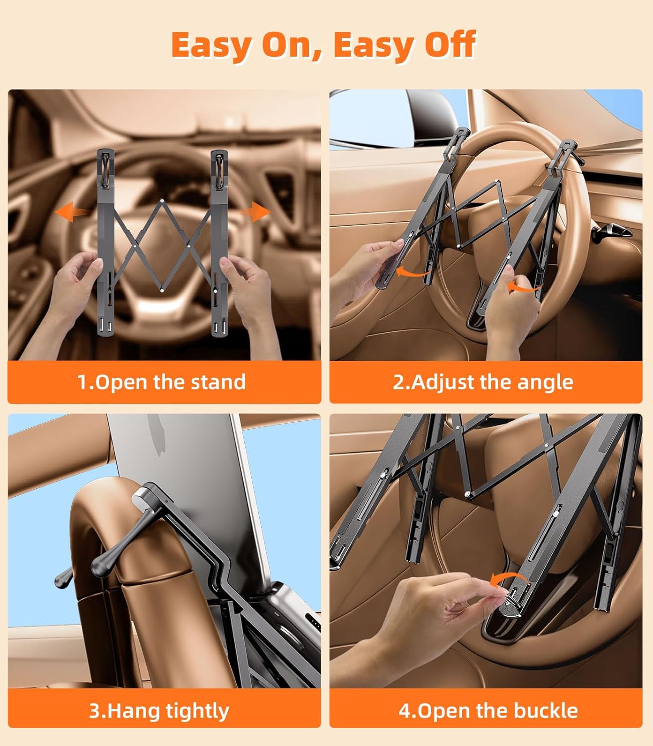 Car Laptop Mount Steering Wheel Tray Holder, Height Adjustable Car Desk for Laptop Computer Tablet, Foldable Portable
