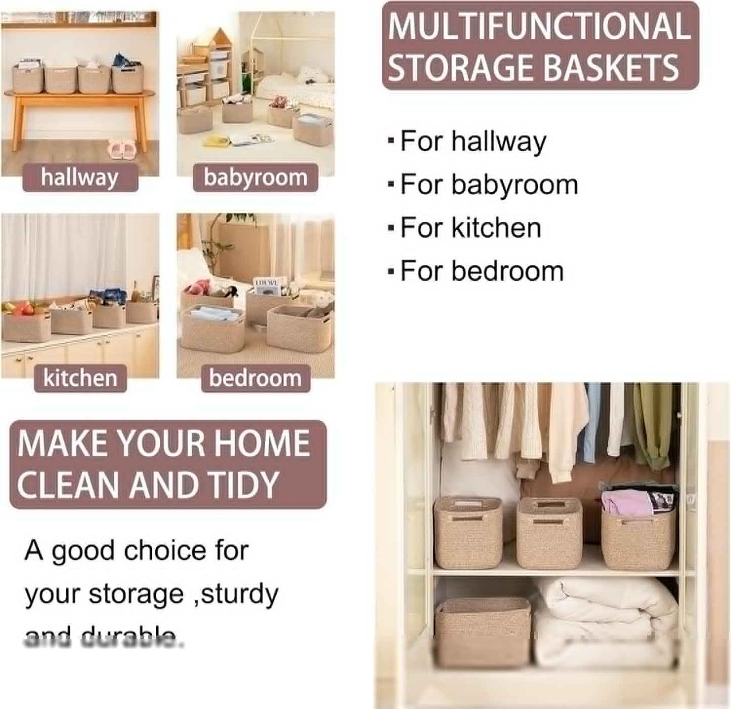 OIAHOMY Storage Baskets - 4 Pack Woven Cube Organizers with Handles | 12.7''L x 9''W x 7.8''H, Brown
