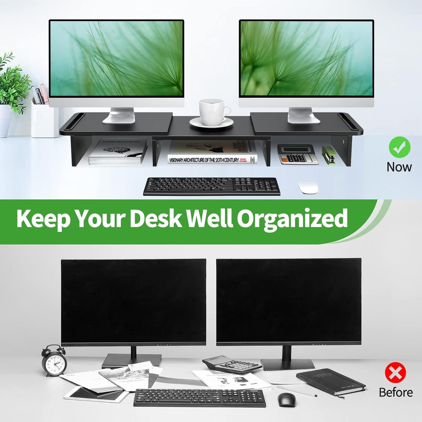 2 Zimilar Dual Monitor Stand Riser, Monitor Stand with Adjustable Length and Angle, Wood Monitor Stand for Desk