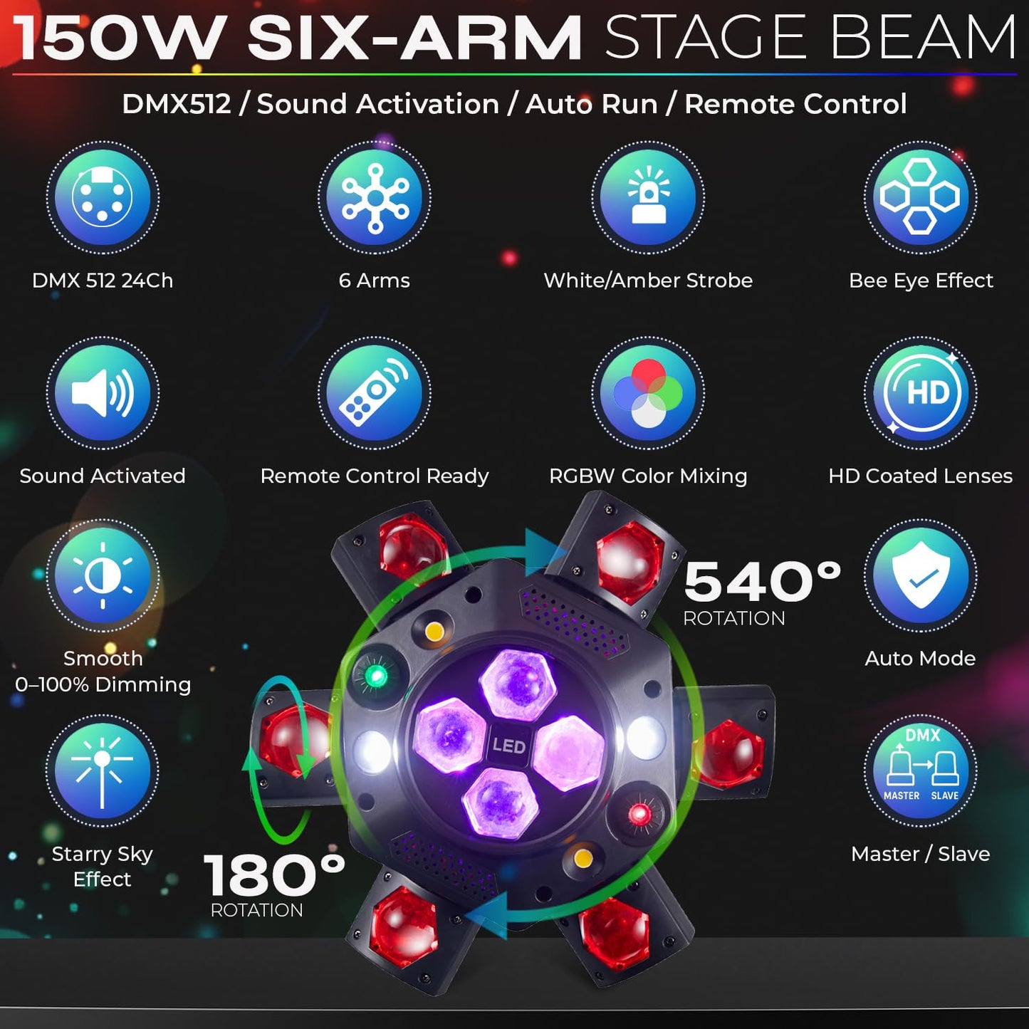 Flashback Events 150W Moving Head DJ Light – 6-Arm Spider Beam & Bee-Eye Wash Hybrid + Red/Green Laser & Amber Strobe – DMX512 & Remote Control for Wedding Stage Party Lighting
